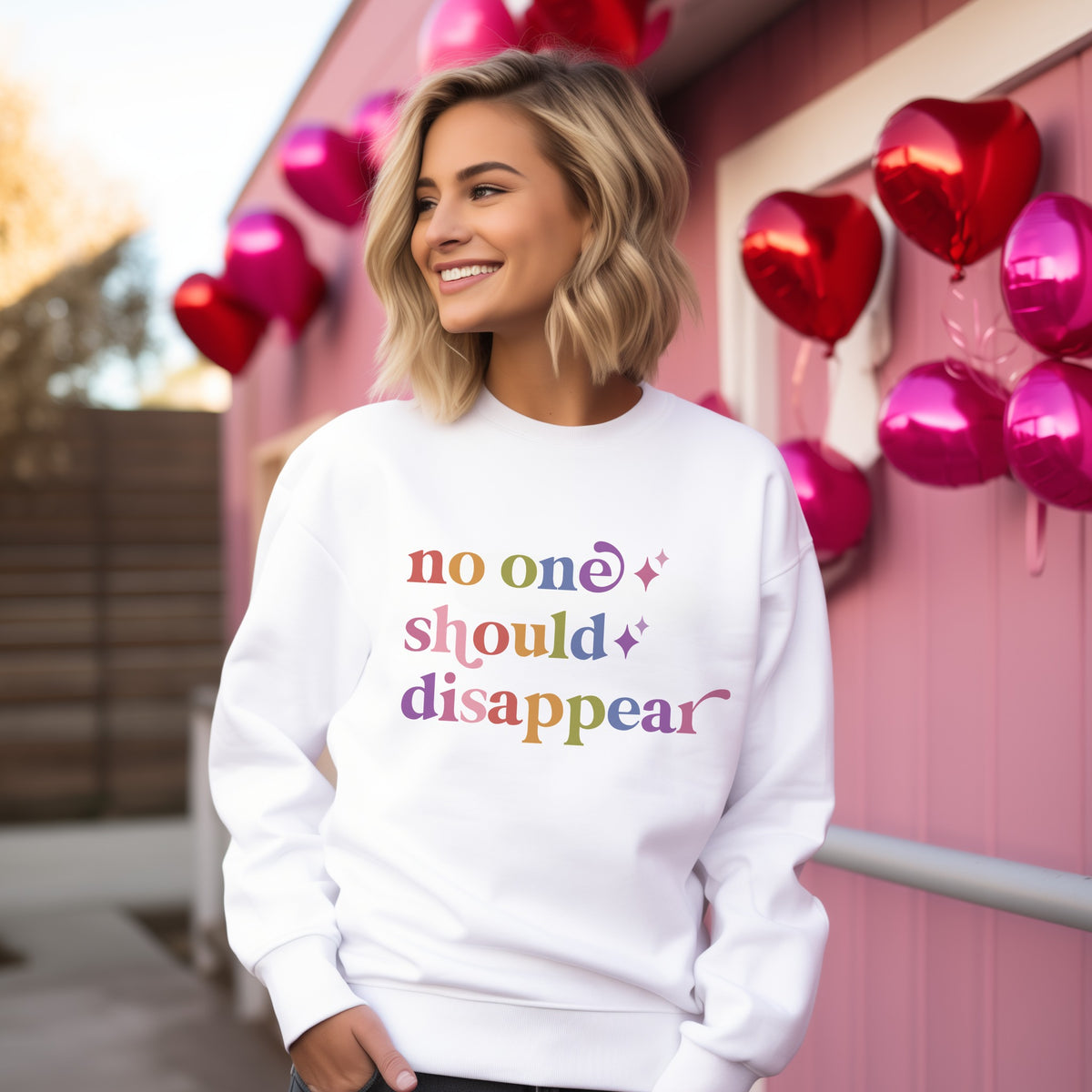 No One Should Disappear Care & Resist Gildan crewneck sweatshirt in White