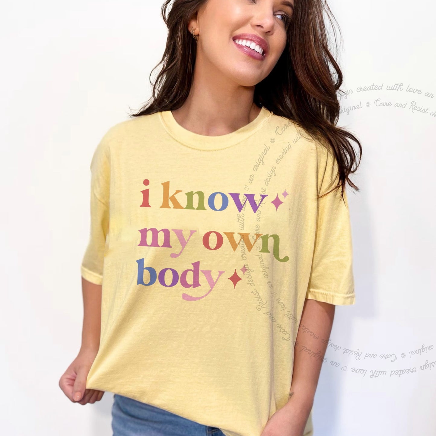 I Know My Own Body Care & Resist rainbow Comfort Colors tee, Banana