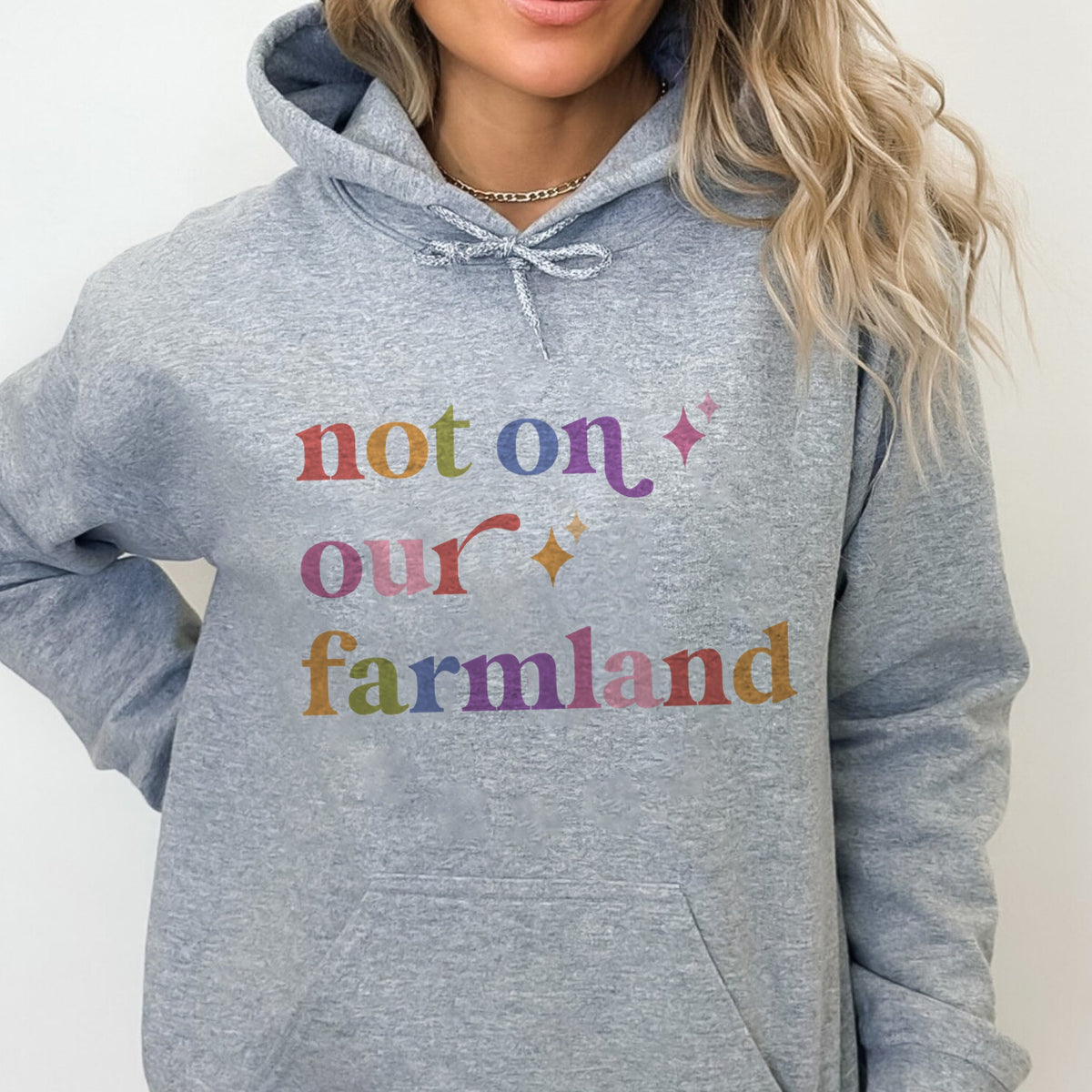 Not on Our Farmland Care & Resist Gildan hoodie in Sport Grey