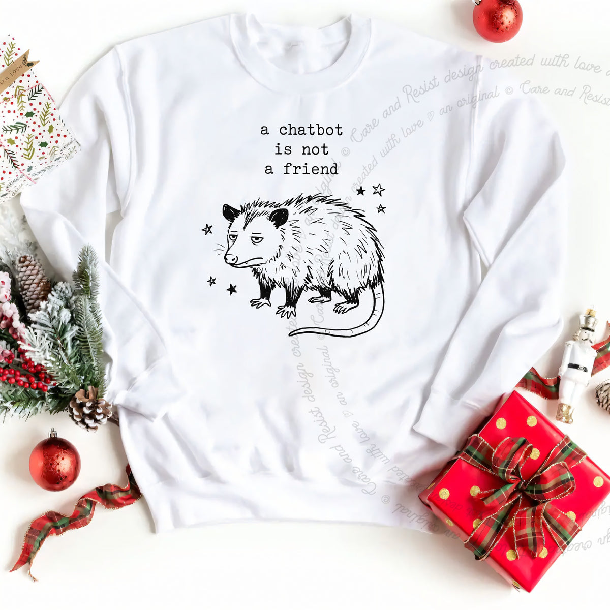 A Chatbot is not a Friend Possum Care & Resist Gildan crewneck sweatshirt in White
