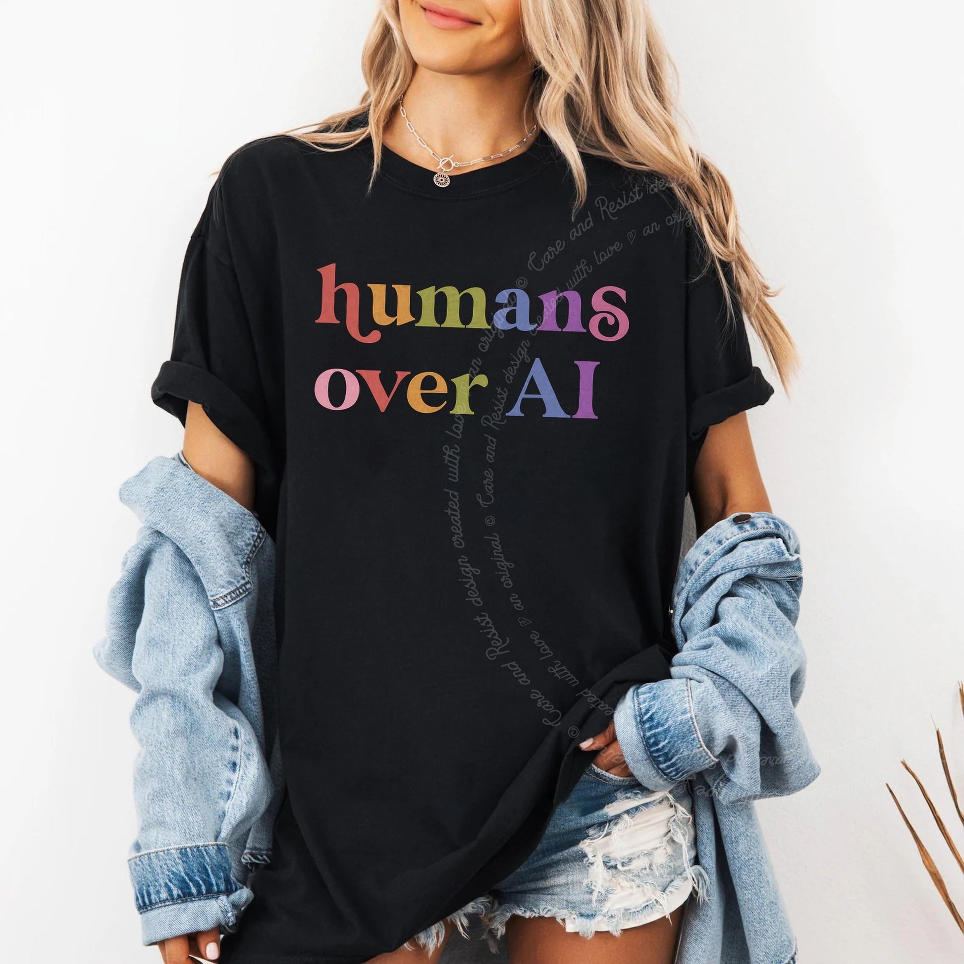 Humans Over Ai Care & Resist rainbow Comfort Colors tee, Black