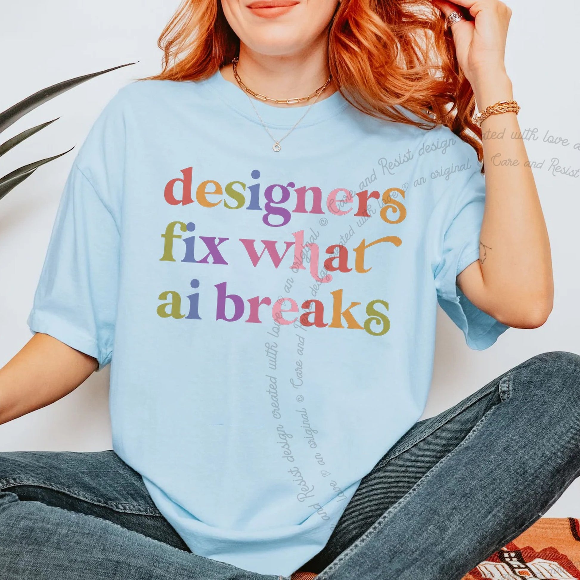 Designers Fix What Ai Breaks Care & Resist rainbow Comfort Colors tee, Chambray
