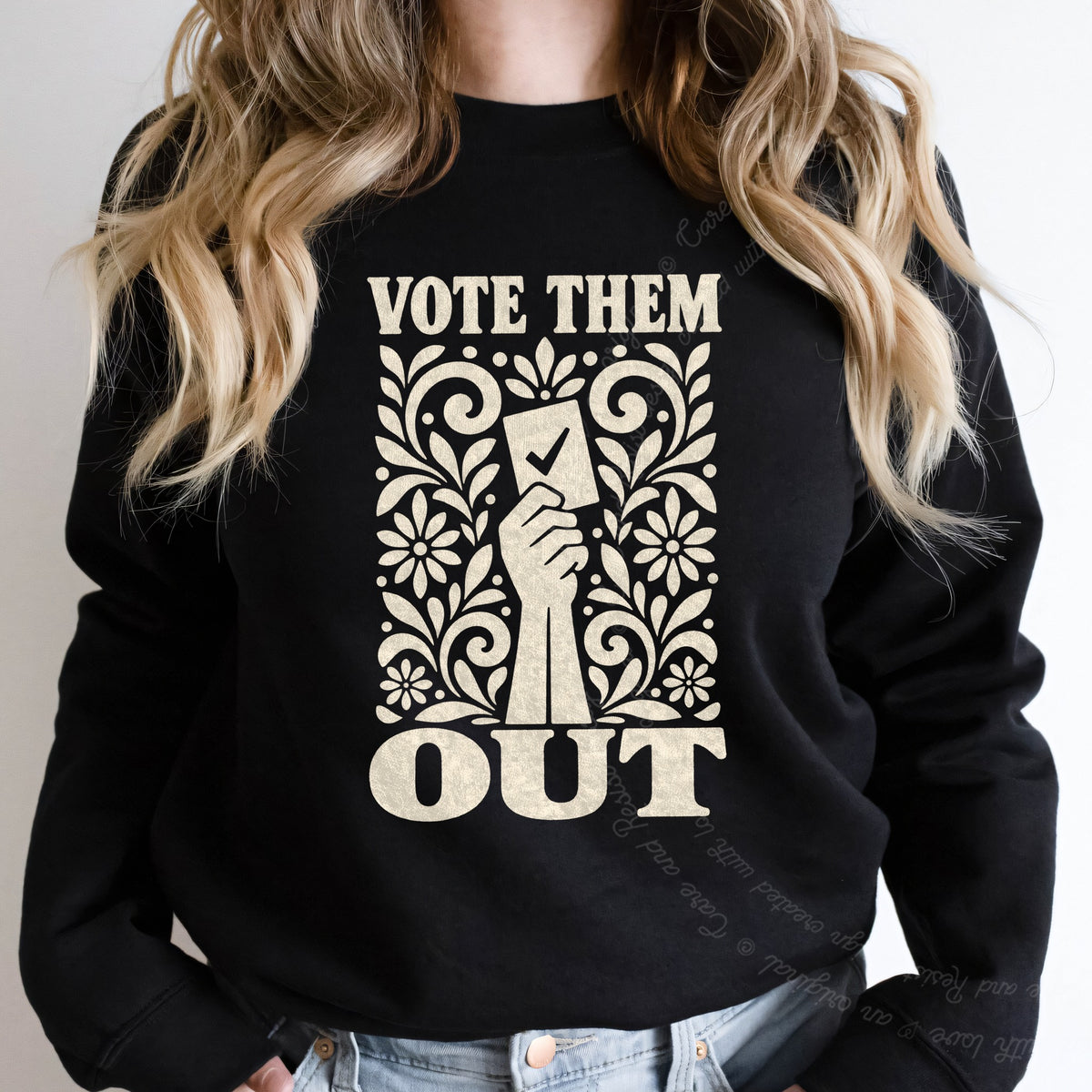 Vote Them Out Ballot Linocut Care & Resist Gildan crewneck sweatshirt in Black