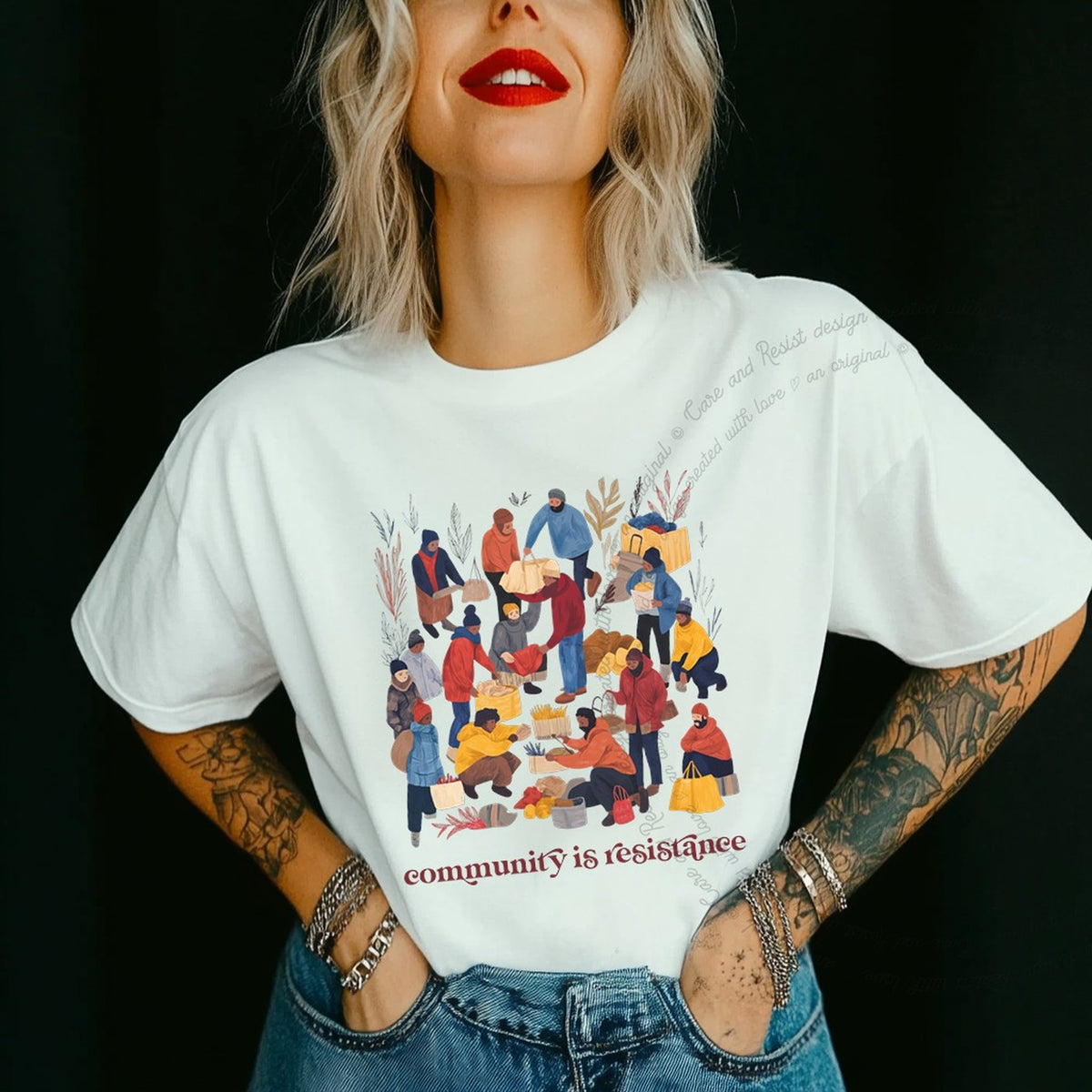 Community Is Resistance Harvest Care & Resist progressive t-shirt in White