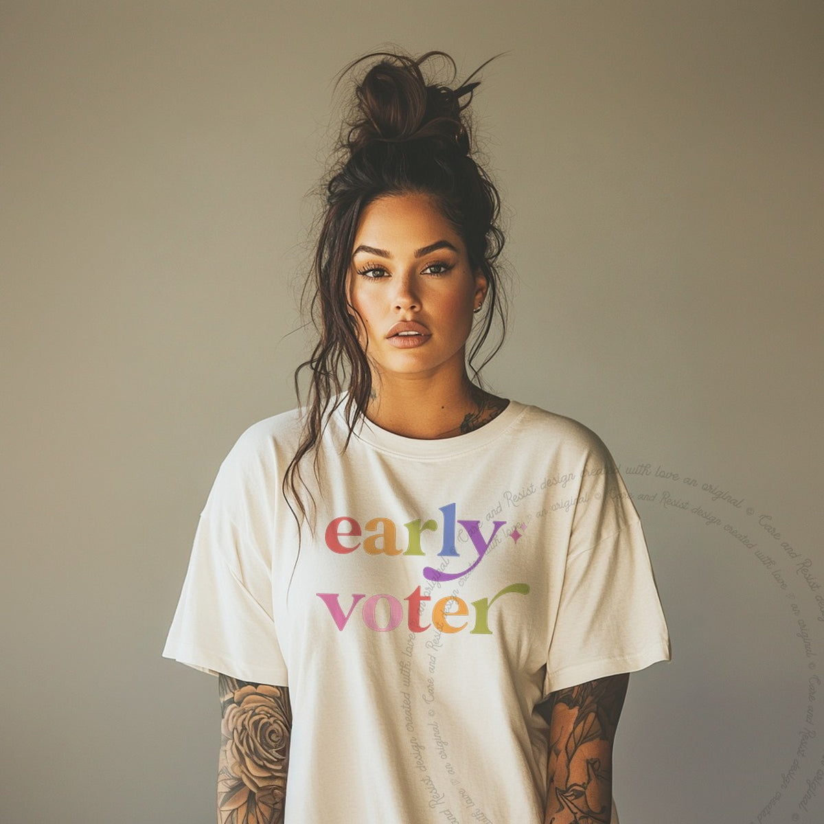 Early Voter Care & Resist progressive t-shirt in Ivory