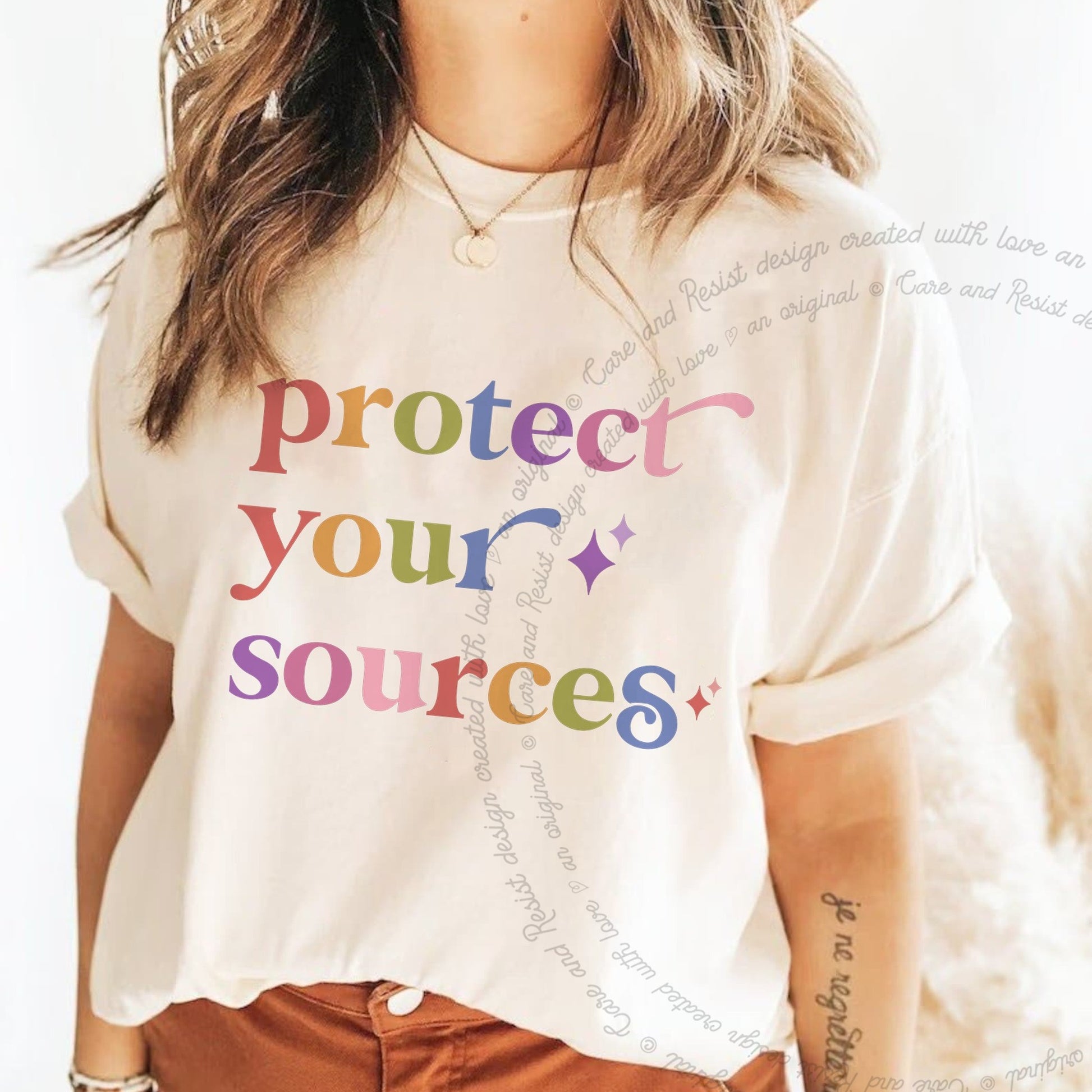 Protect Your Sources Care & Resist rainbow Comfort Colors tee, Ivory