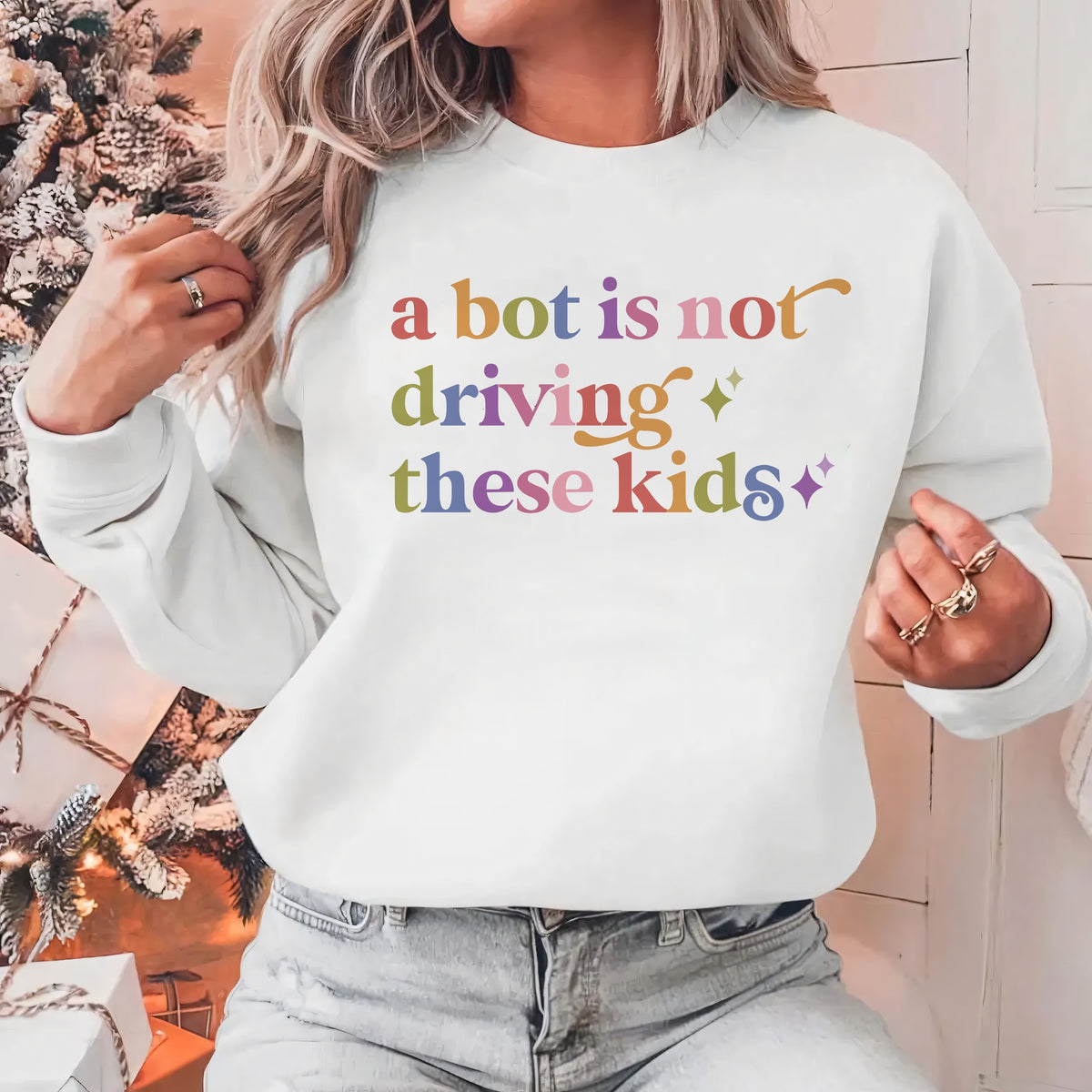 A Bot is not Driving These Kids Care & Resist Gildan crewneck sweatshirt in White