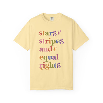 Stars Stripes and Equal Rights Care & Resist rainbow Comfort Colors tee