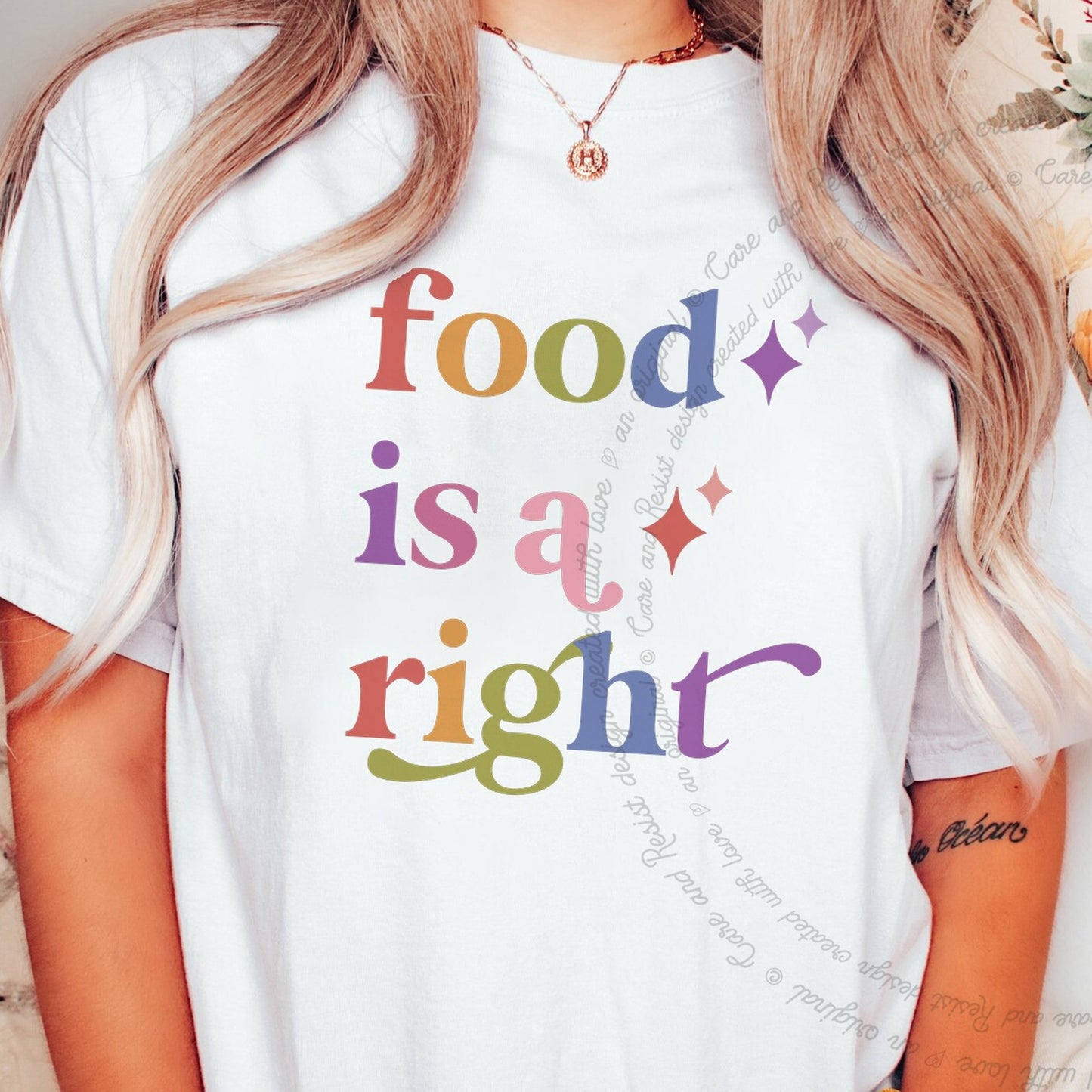 Food is a Right Care & Resist rainbow Comfort Colors tee, White