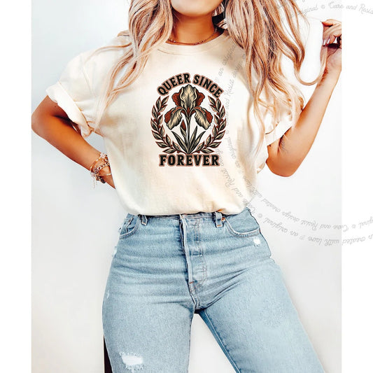 Queer Since Forever Iris Linocut Care & Resist progressive t-shirt in Ivory