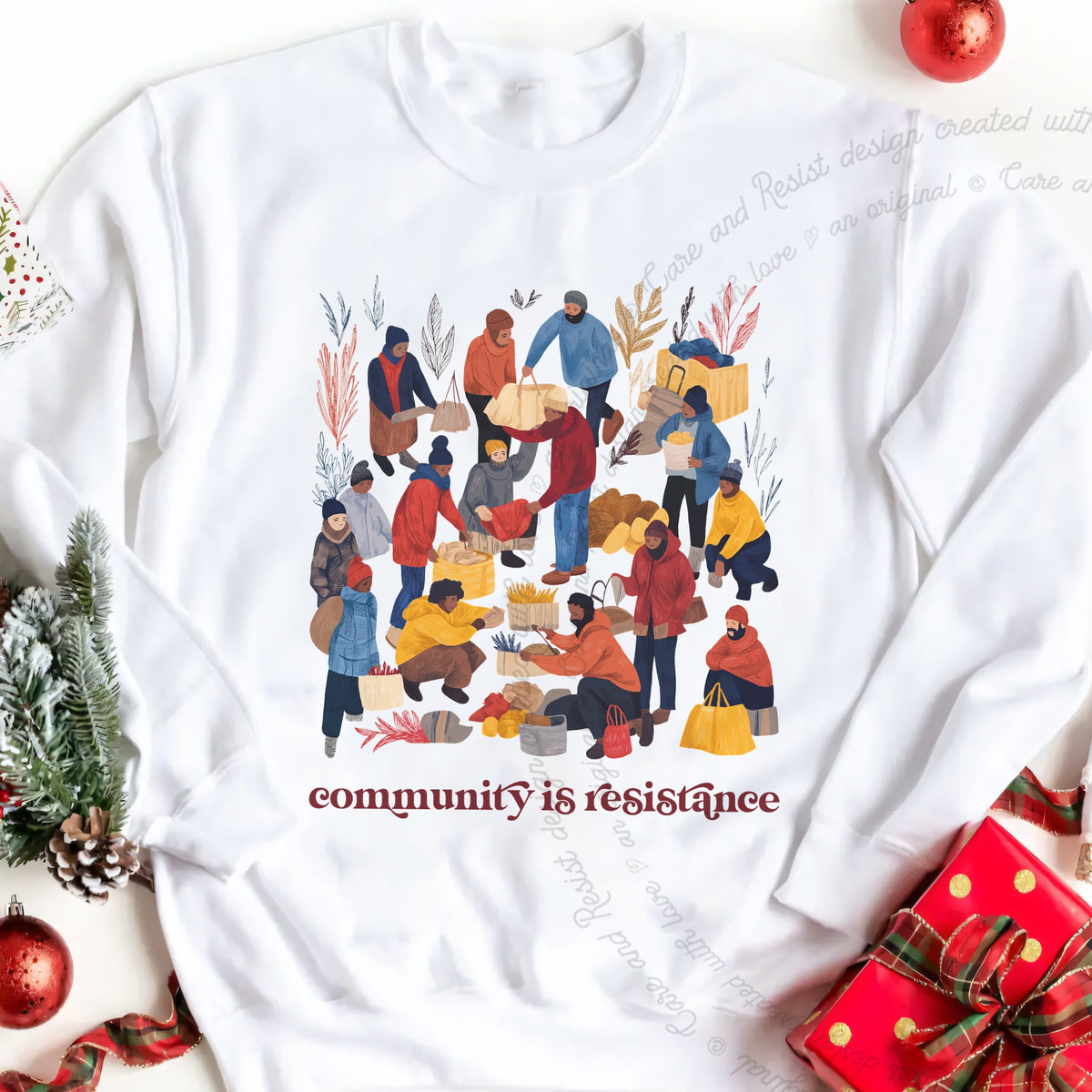Community is Resistance Retro People Care & Resist Gildan crewneck sweatshirt in White