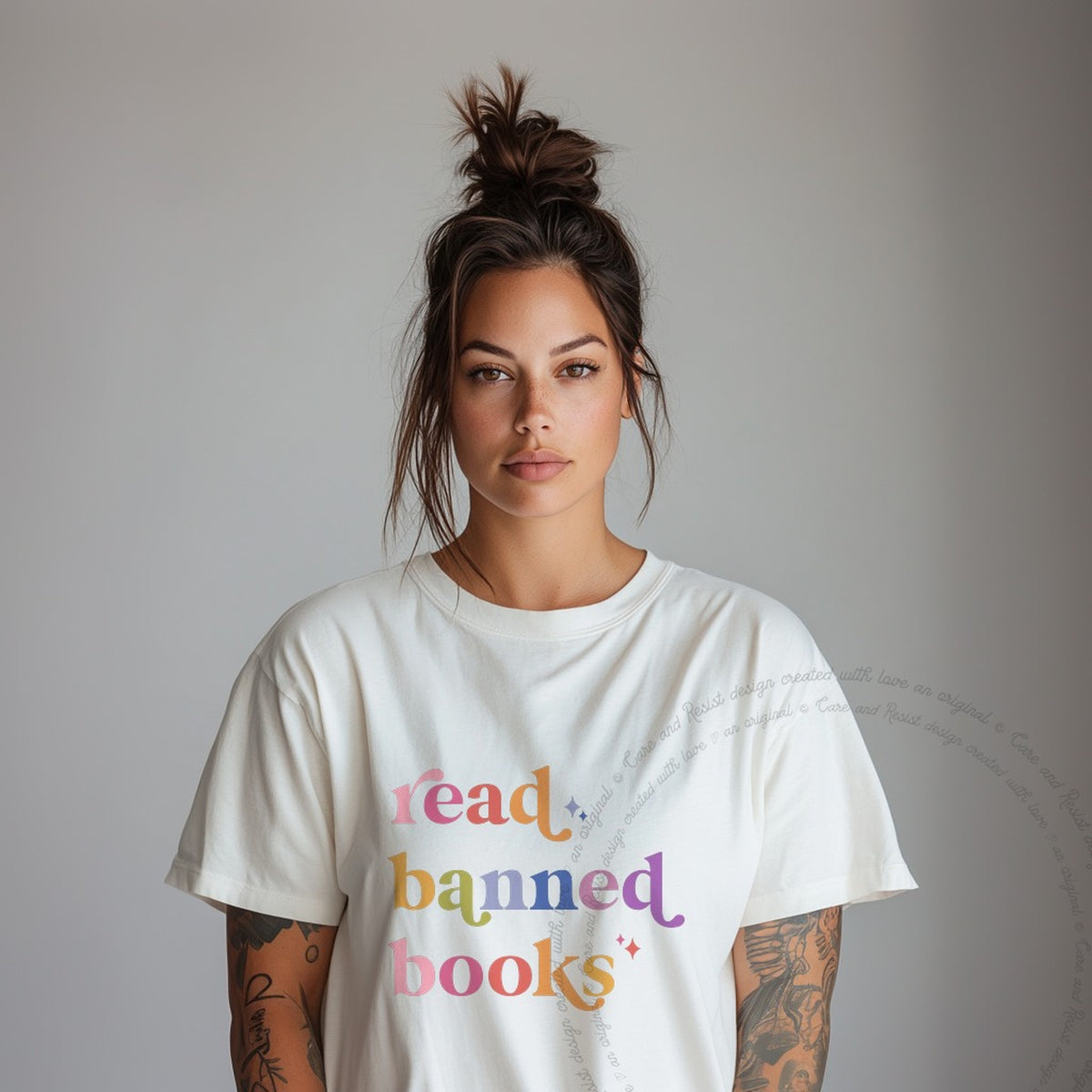 Read Banned Books Care & Resist progressive t-shirt in Ivory