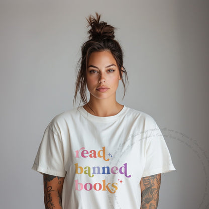 Read Banned Books Care & Resist progressive t-shirt in Ivory
