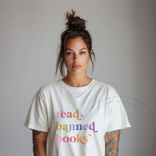 Read Banned Books Care & Resist progressive t-shirt in Ivory