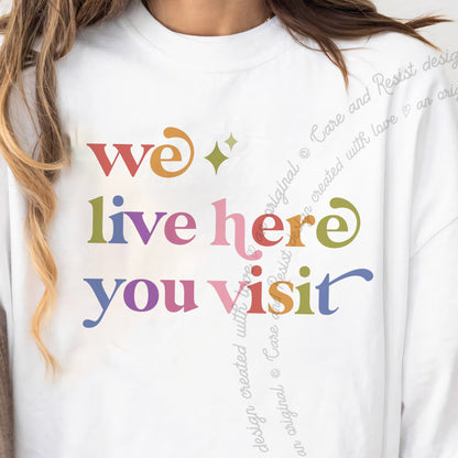 We Live Here You Visit Care & Resist progressive t-shirt in White