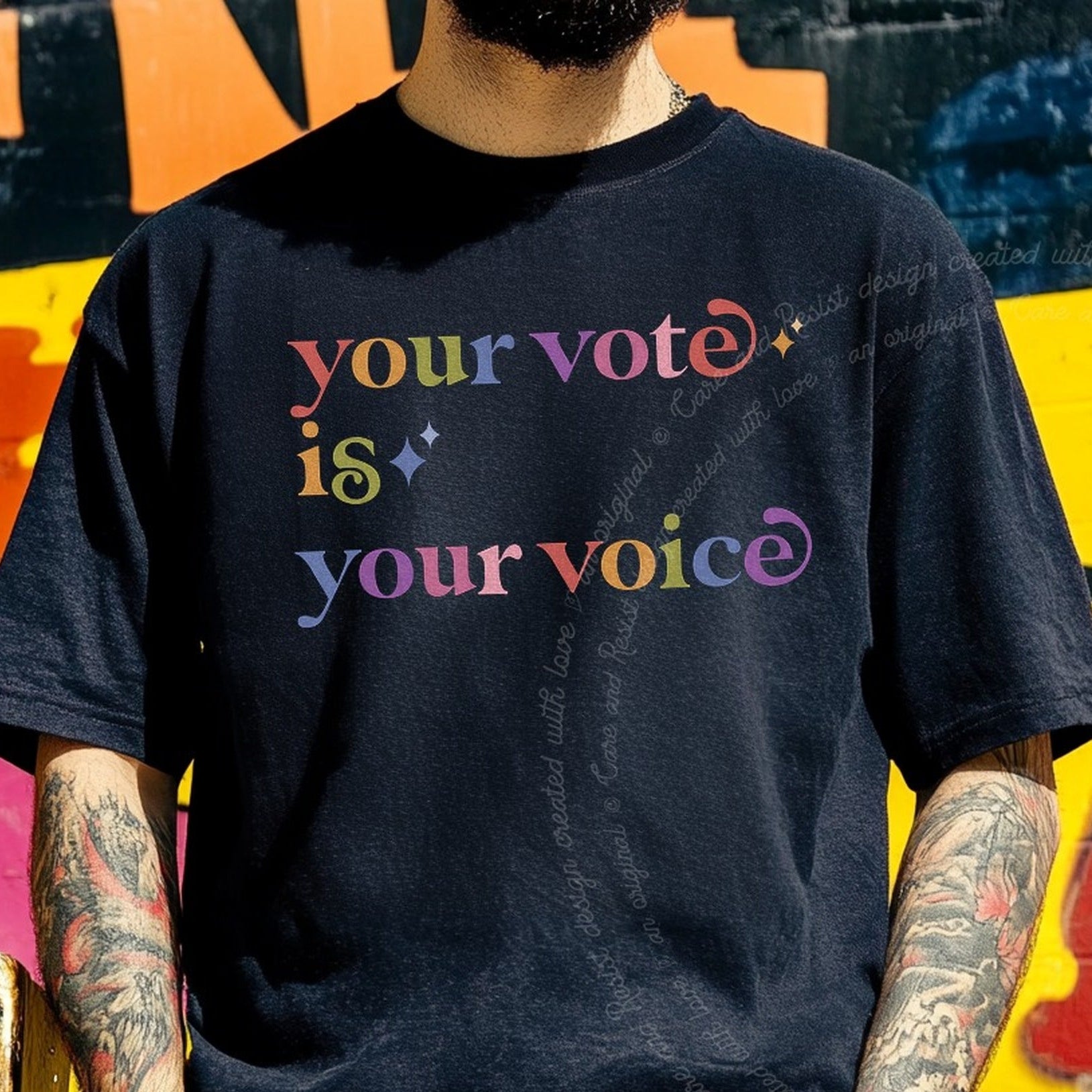 Your Vote is Your Voice Care & Resist rainbow Comfort Colors tee, Black