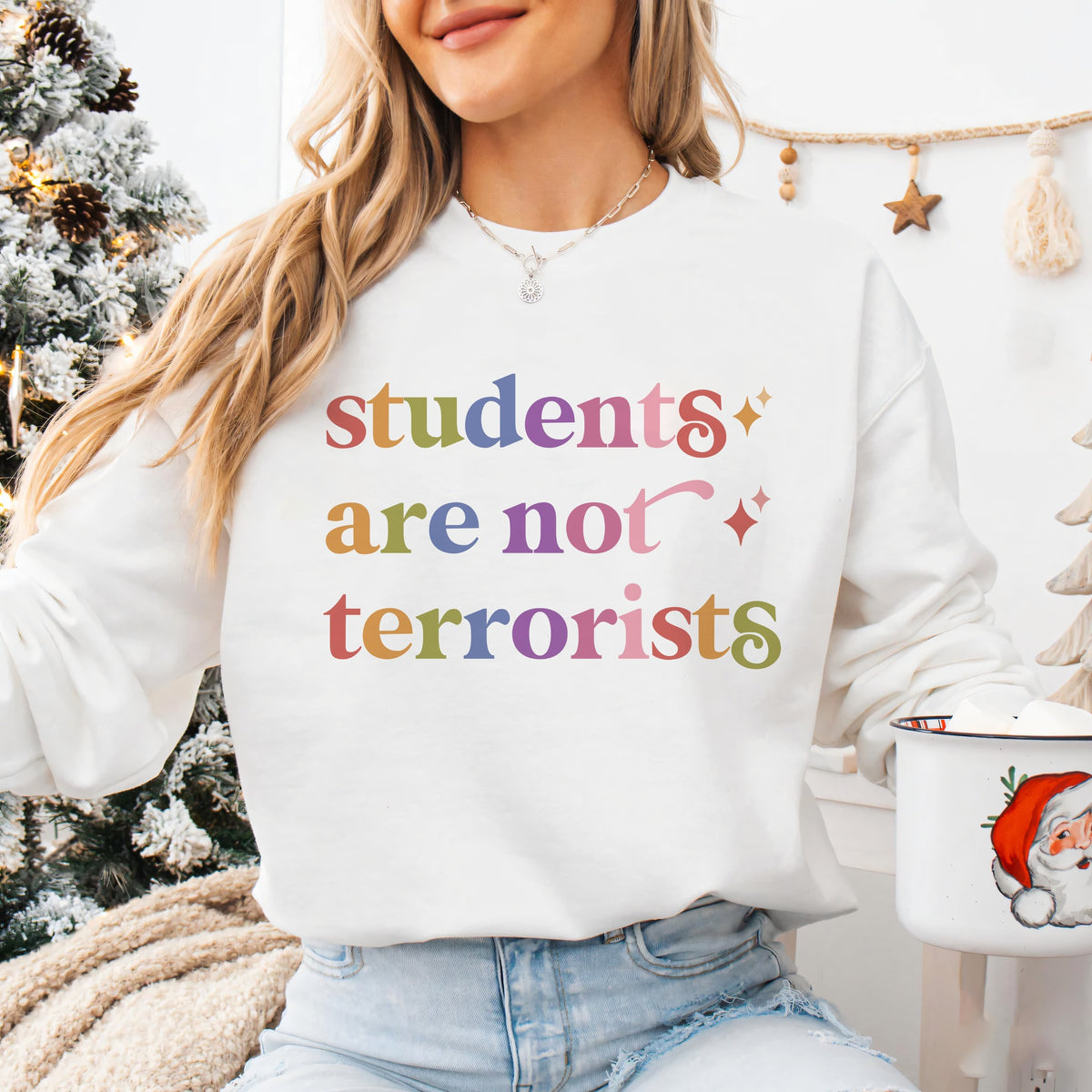 Students are not Terrorists Care & Resist Gildan crewneck sweatshirt in White