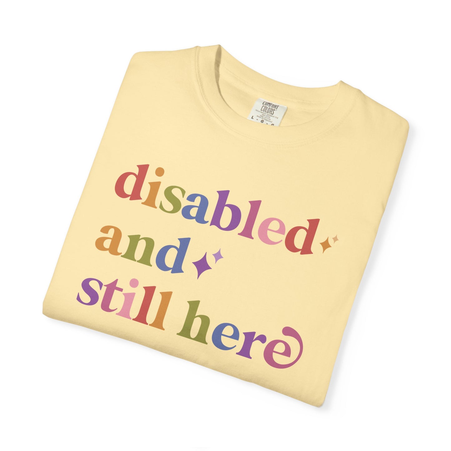 Disabled and Still Here Care & Resist rainbow Comfort Colors tee