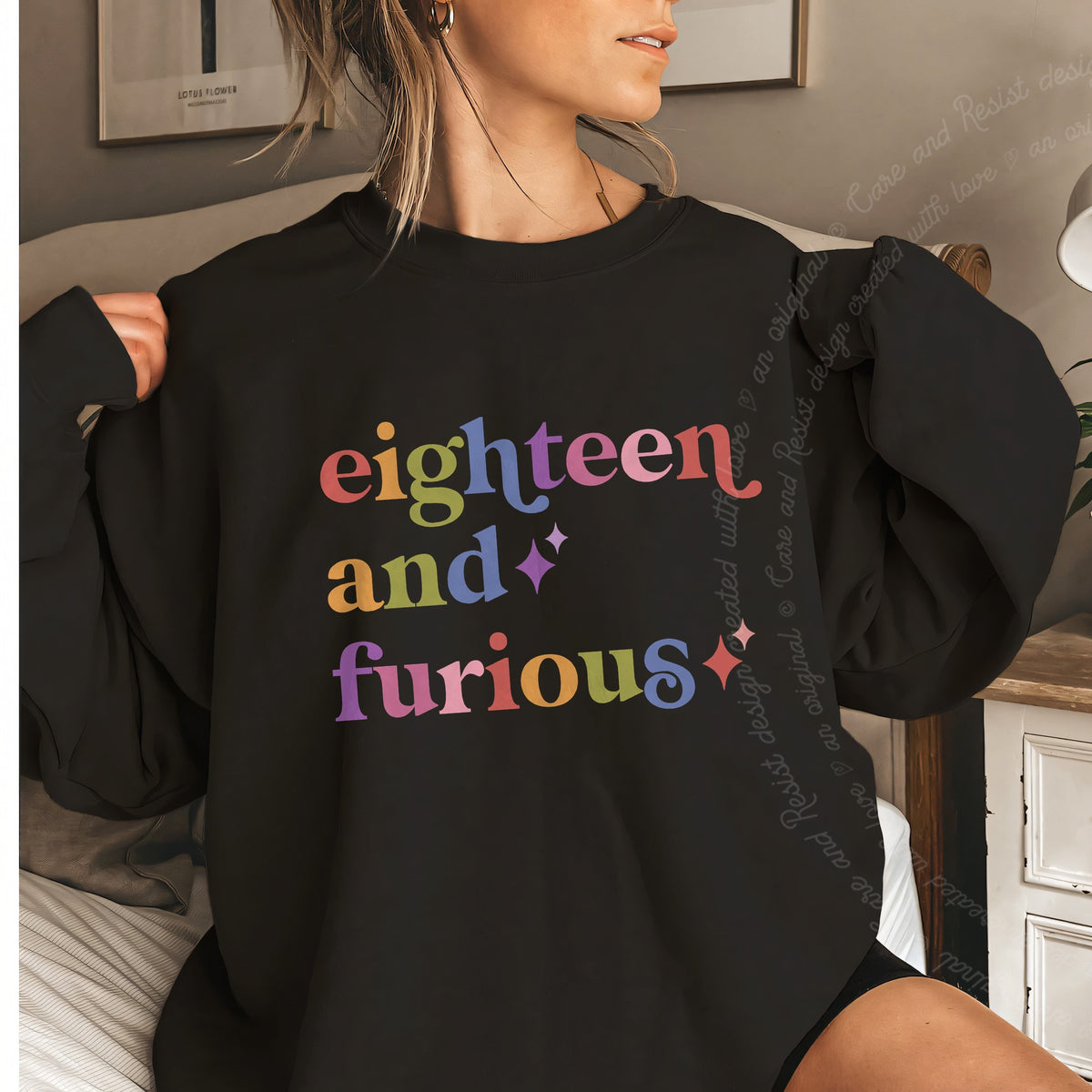 Eighteen and Furious Care & Resist Gildan crewneck sweatshirt in Black