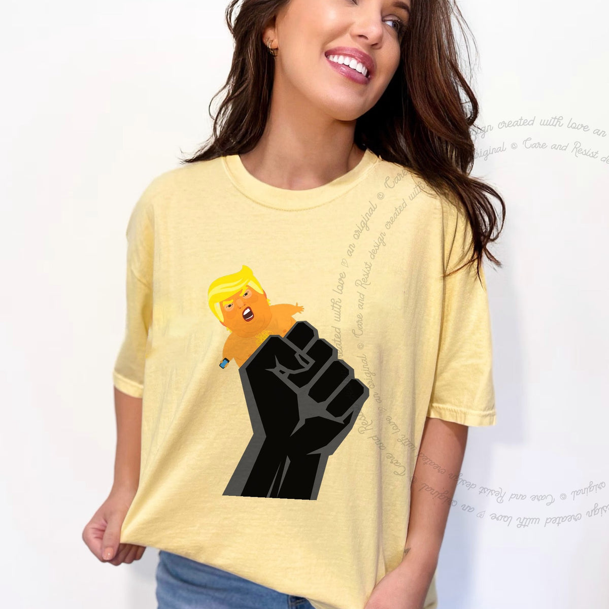 Resist Fist and Trump Blimp Care & Resist progressive t-shirt in Banana