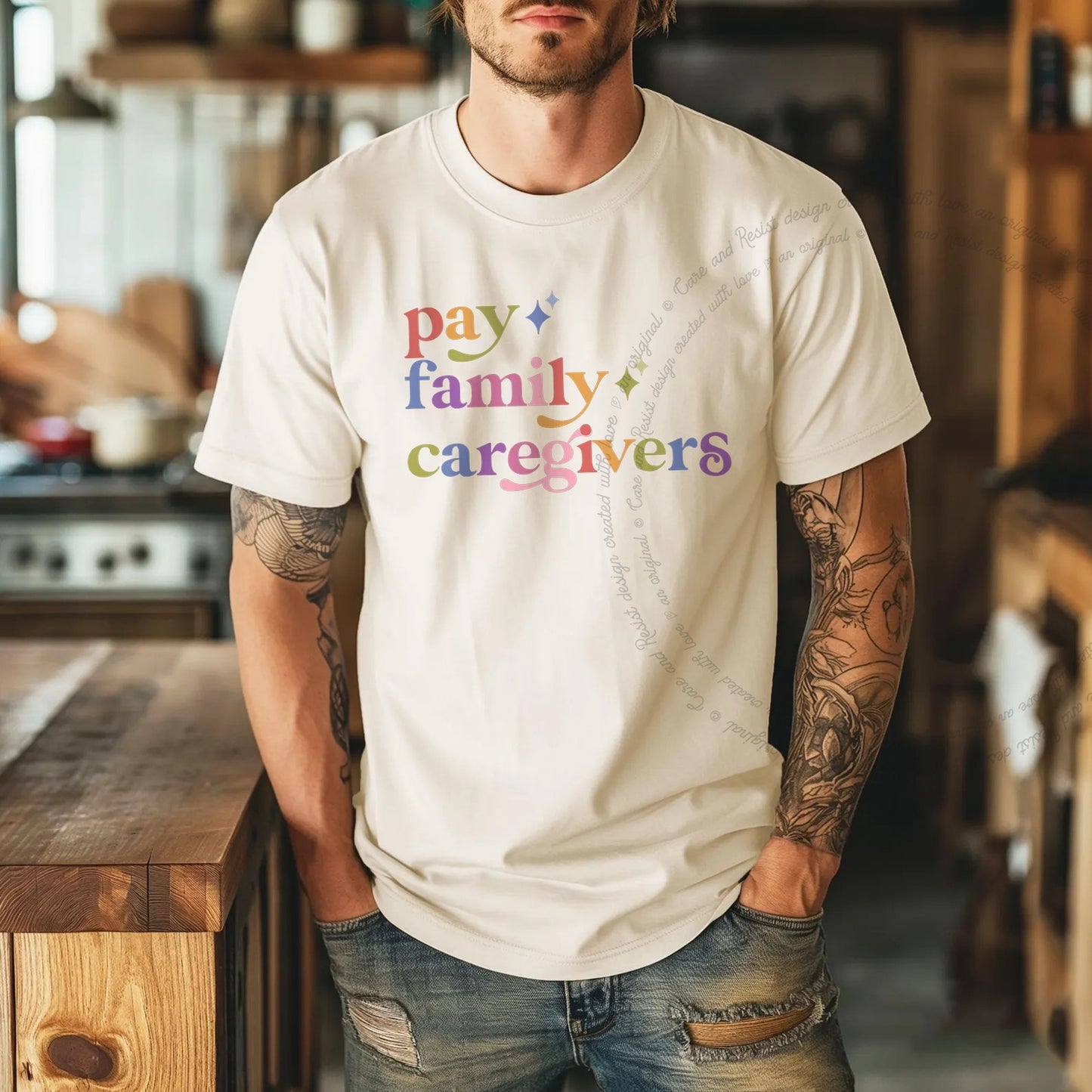 Pay Family Caregivers Care & Resist rainbow Comfort Colors tee, Ivory