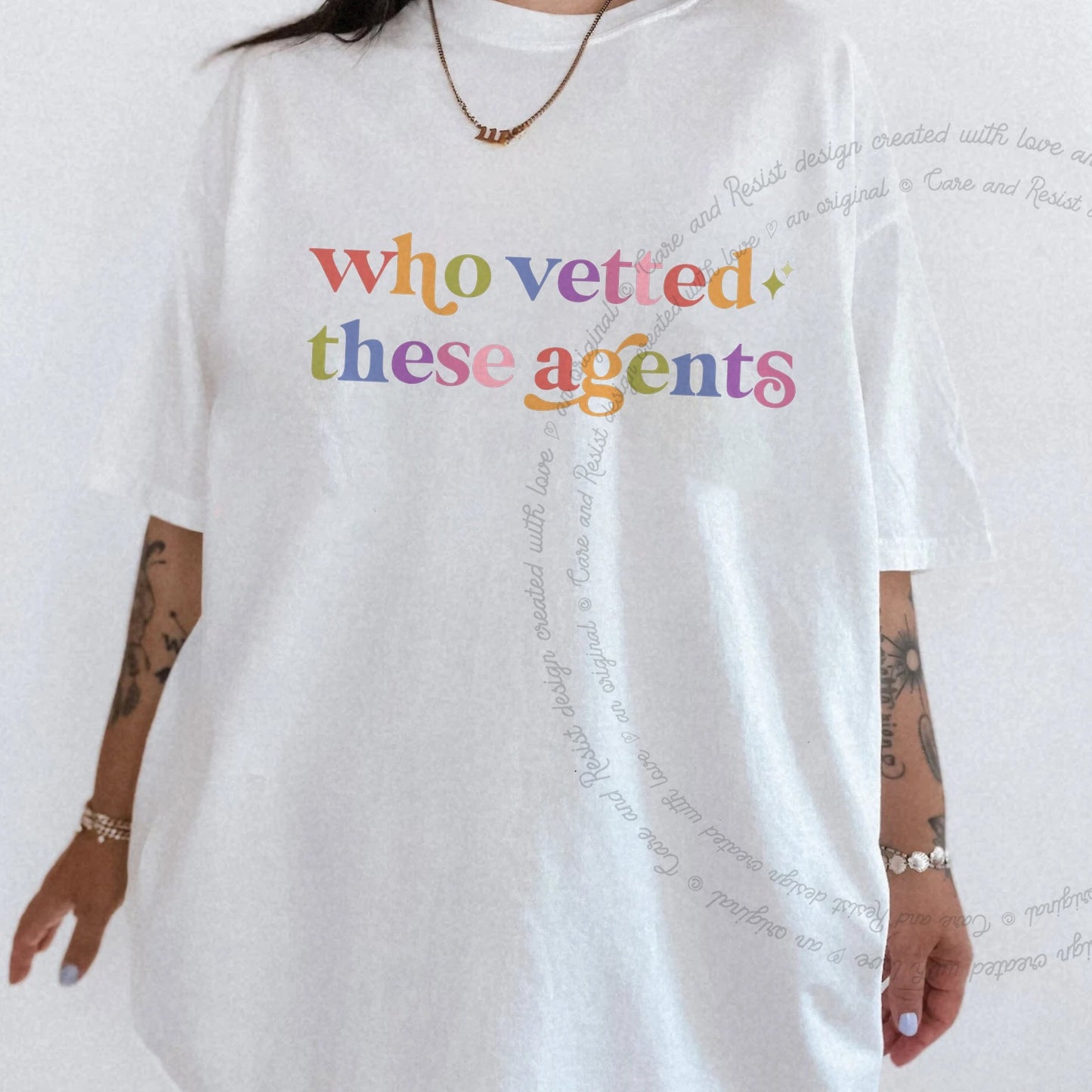 Who Vetted These Agents Care & Resist rainbow Comfort Colors tee, White