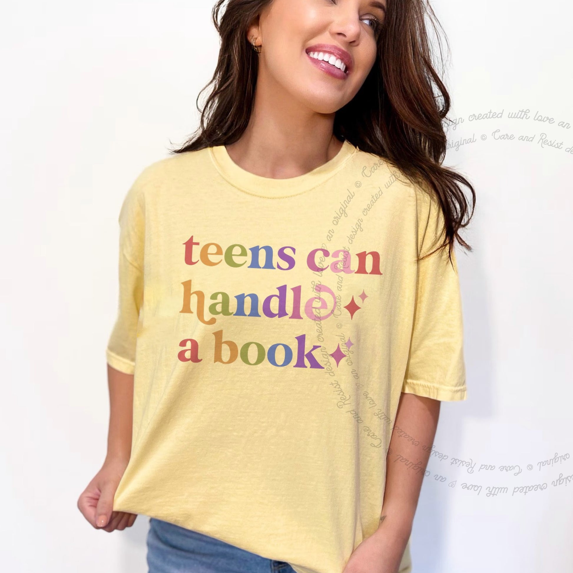 Teens Can Handle a Book Care & Resist rainbow tee