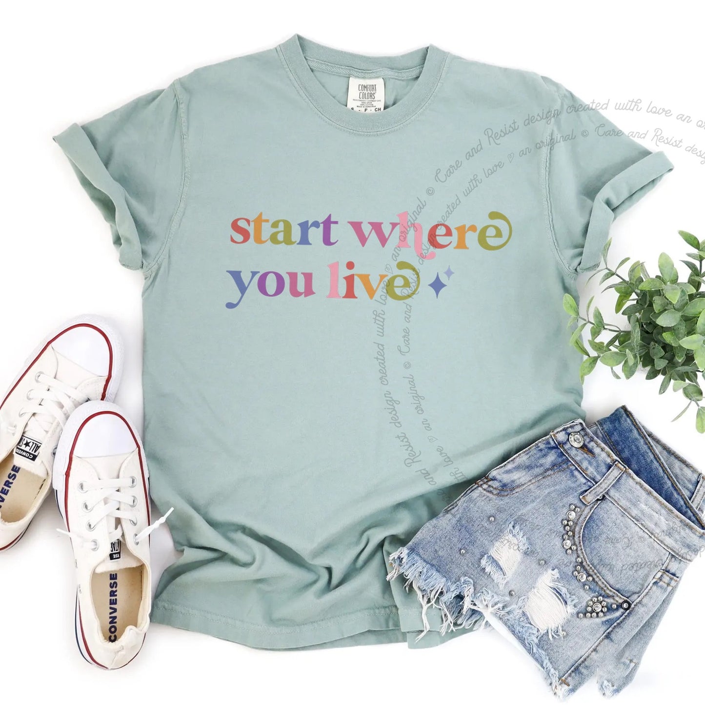 Start Where You Live Care & Resist rainbow Comfort Colors tee, Bay