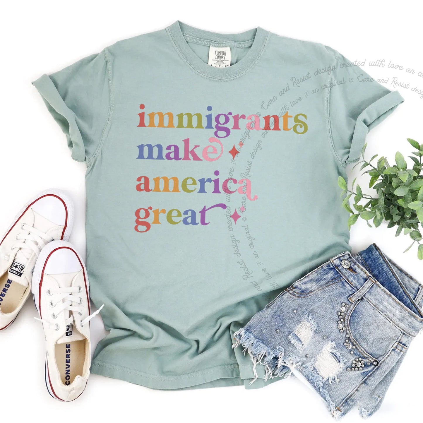 Immigrants Make America Great Care & Resist rainbow Comfort Colors tee, Bay
