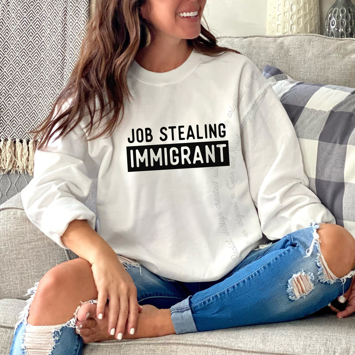 Job Stealing Immigrant Block Care & Resist Gildan crewneck sweatshirt in White