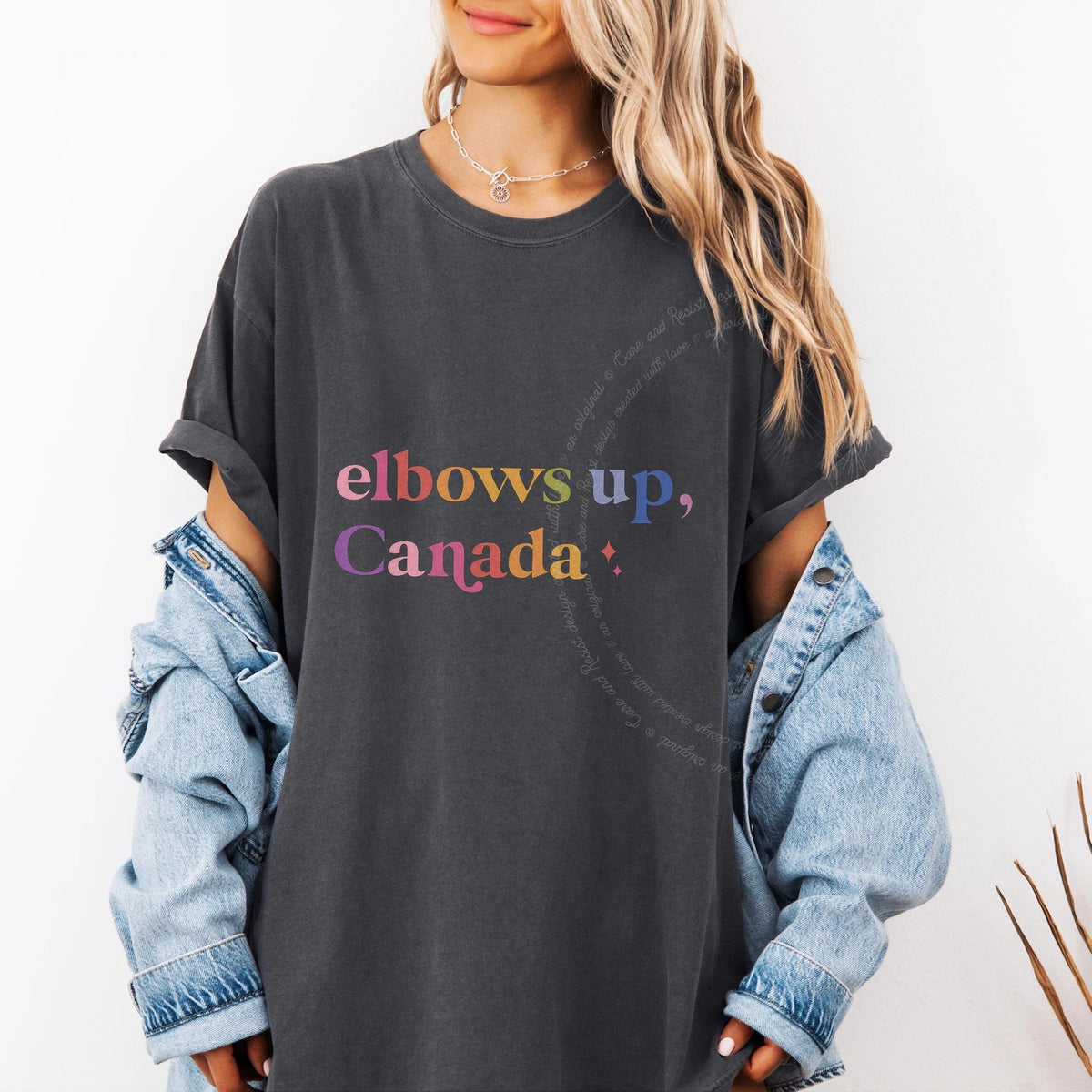Elbows Up, Canada Care & Resist progressive t-shirt in Graphite