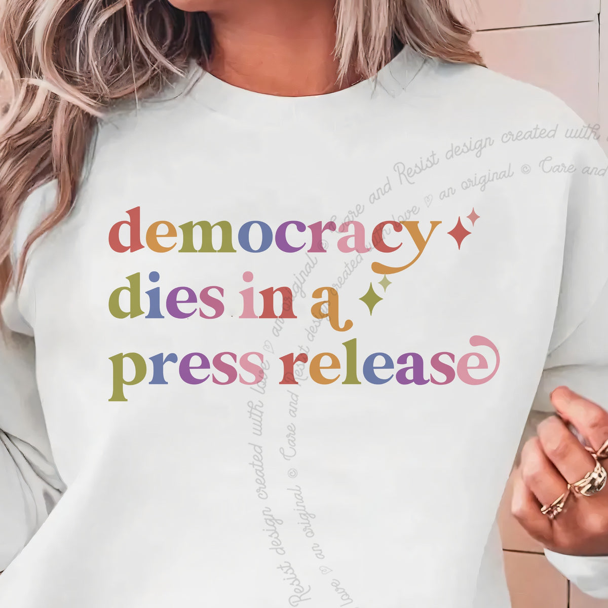 Democracy Dies in a Press Release Care & Resist Gildan crewneck sweatshirt in White