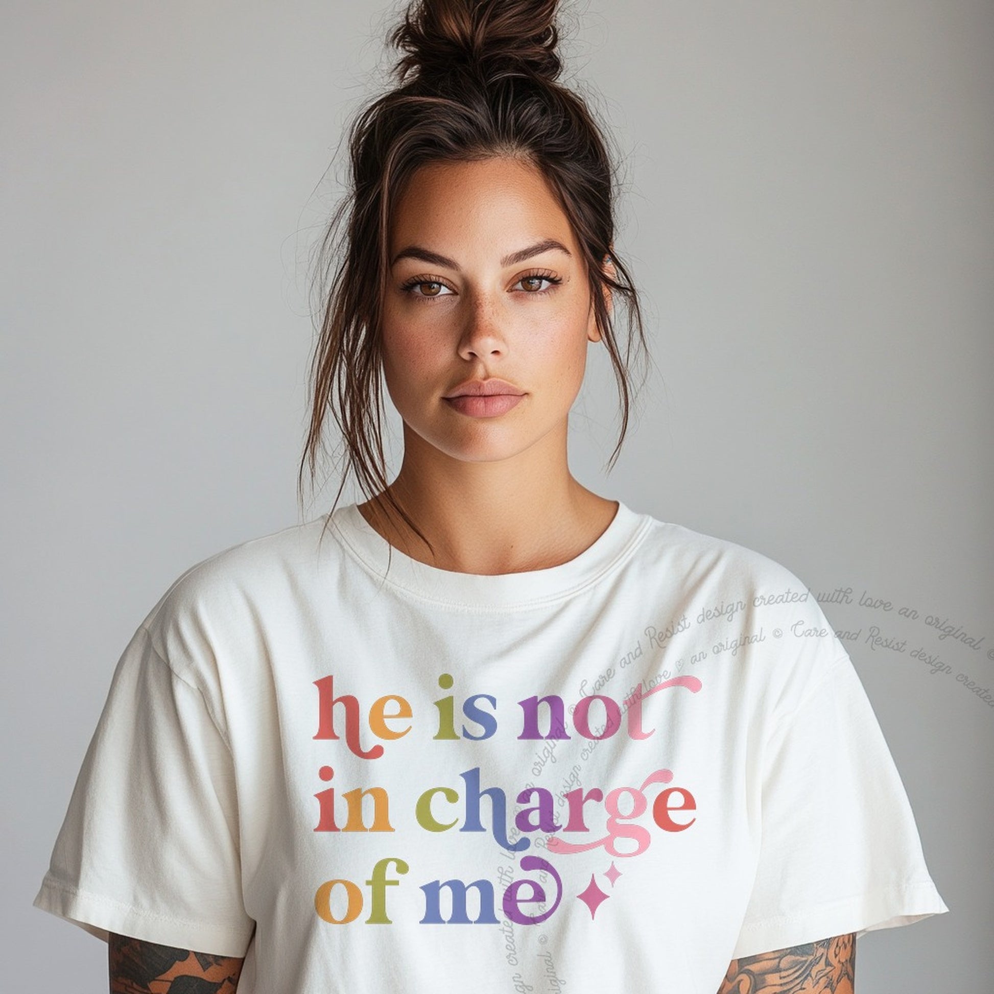 He is not in Charge of Me Care & Resist rainbow Comfort Colors tee, White