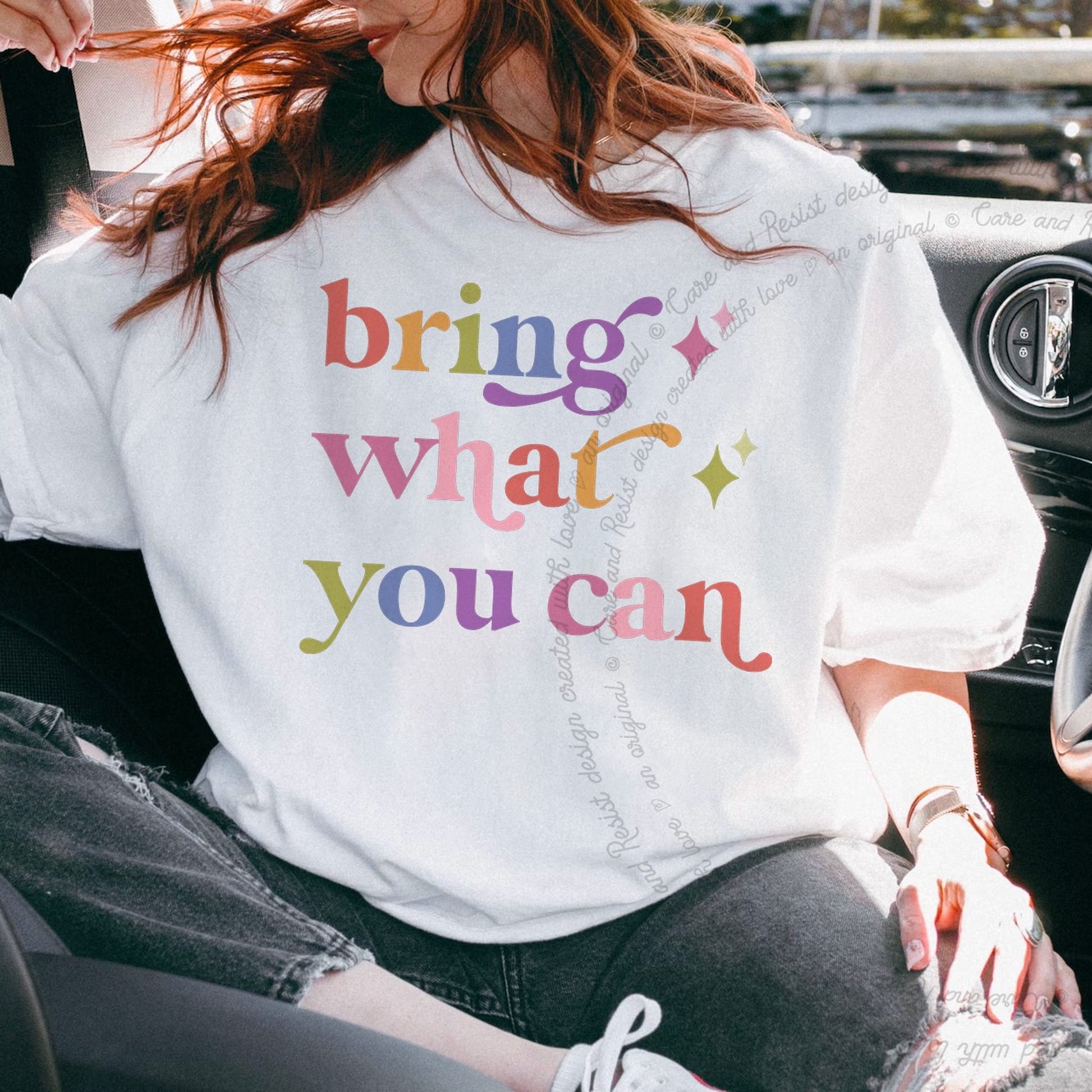 Bring What You Can Care & Resist rainbow Comfort Colors tee, White