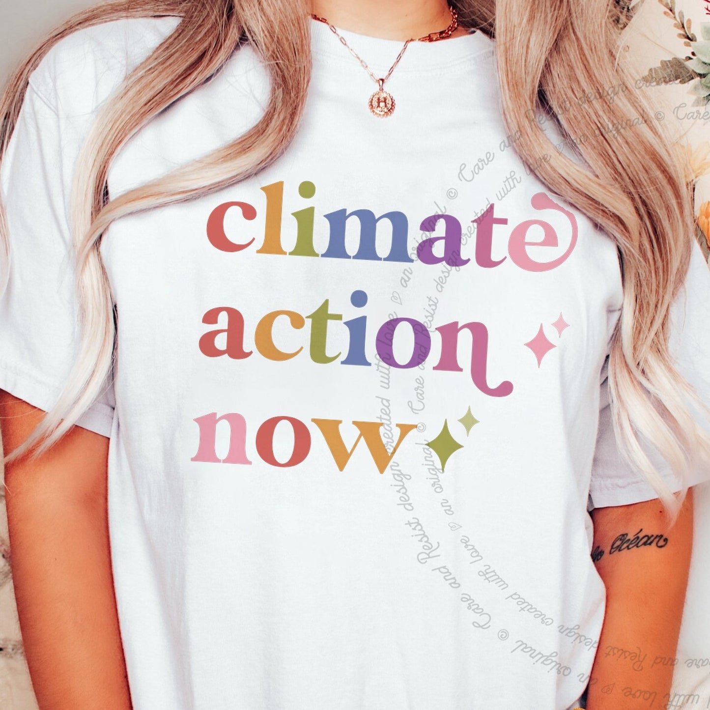 Climate Action Now Care & Resist rainbow Comfort Colors tee, White