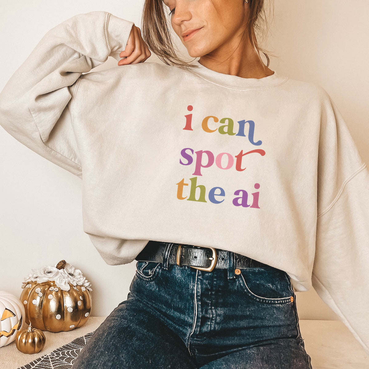 I Can Spot the Ai Care & Resist Gildan crewneck sweatshirt in Sand