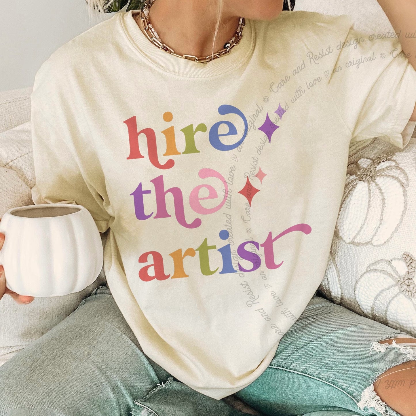 Hire the Artist Care & Resist rainbow Comfort Colors tee, Ivory