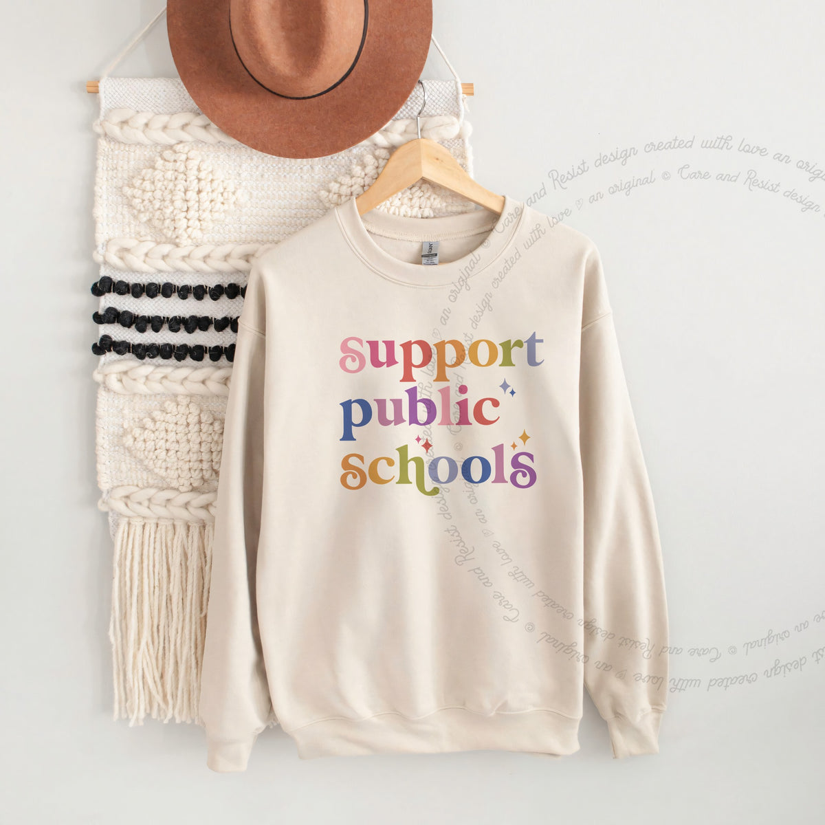 Support Public Schools Care & Resist Gildan crewneck sweatshirt in Sand
