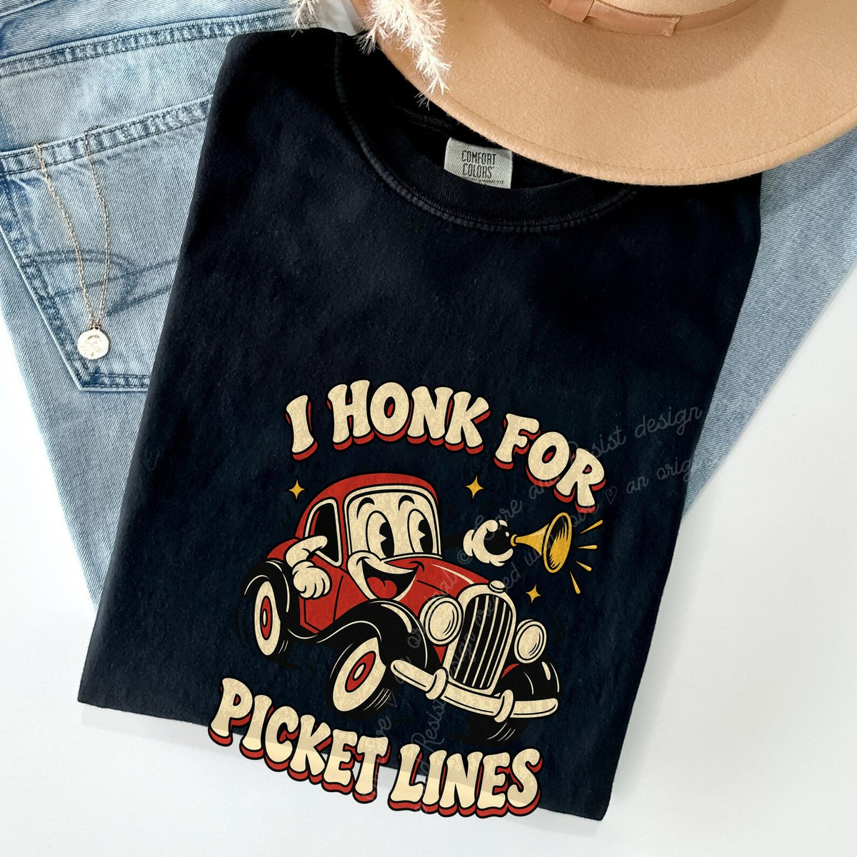 I Honk for Picket Lines Cartoon Care & Resist progressive t-shirt in Black