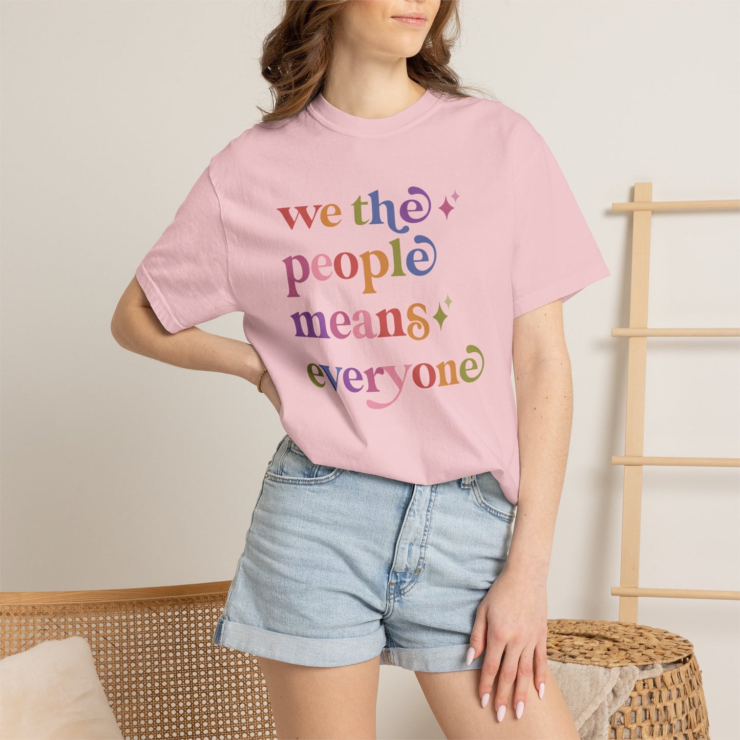 We the People Means Everyone Care & Resist rainbow Comfort Colors tee