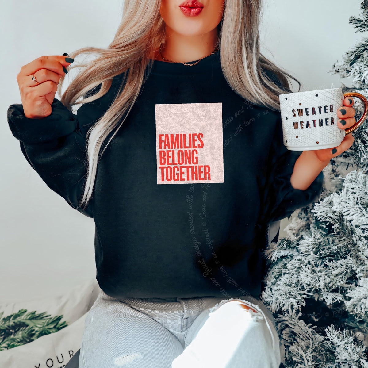 Families Belong Together Red Pink Care & Resist Gildan crewneck sweatshirt in Black