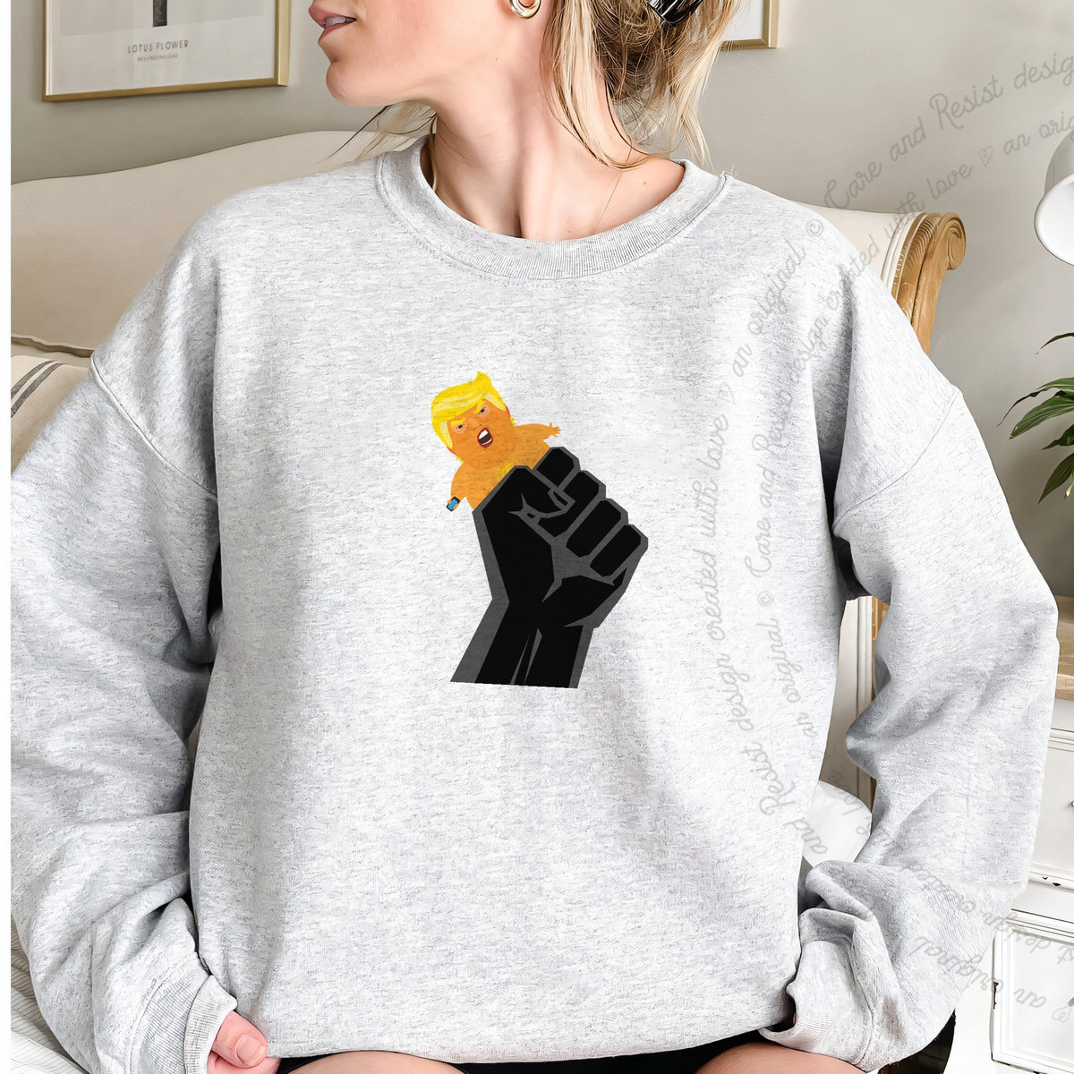 Resist Fist and Trump Blimp Care & Resist Gildan crewneck sweatshirt in Sport Grey