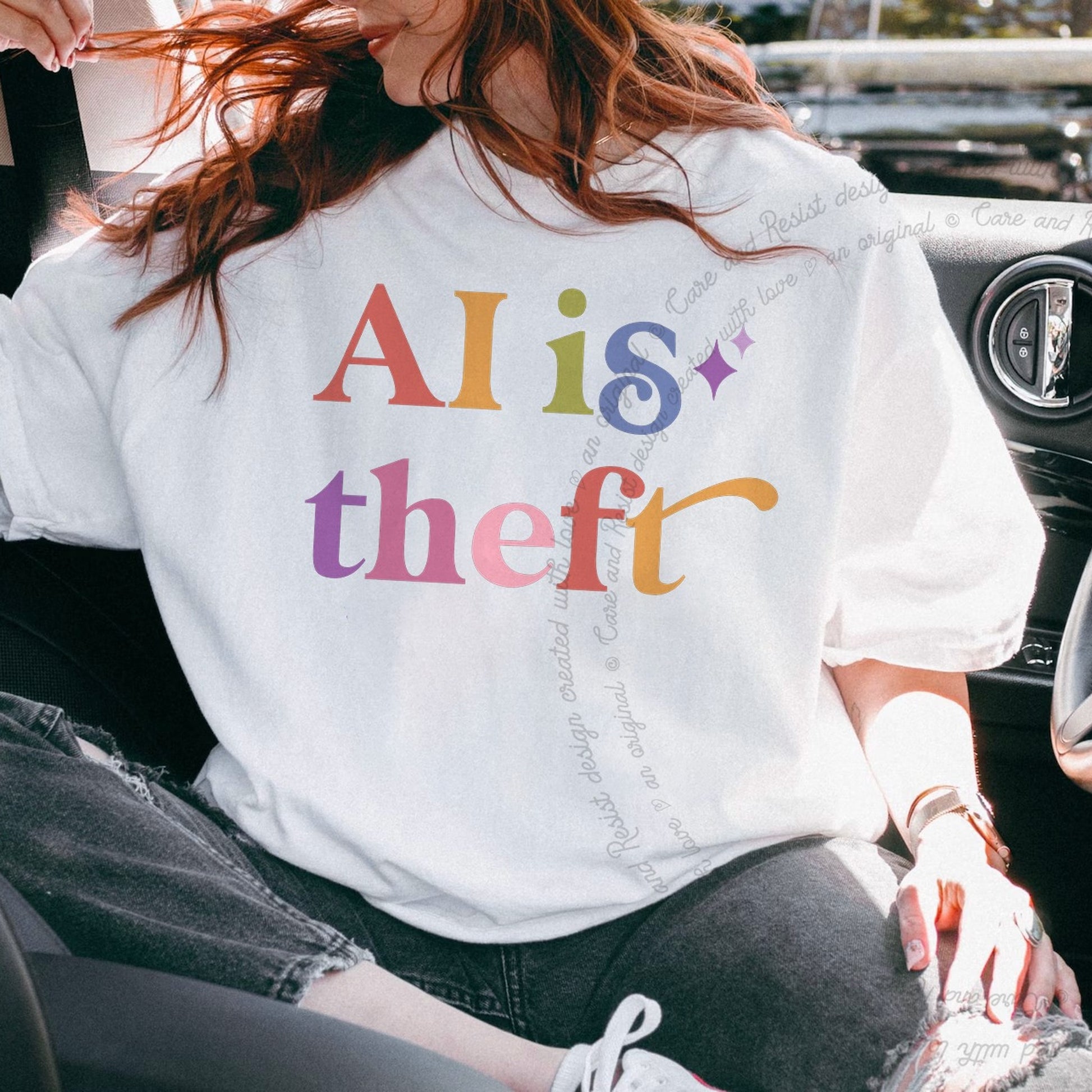 Ai is Theft Care & Resist rainbow Comfort Colors tee, White