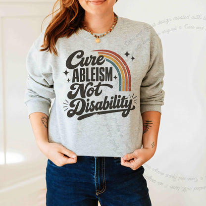 Cure Ableism not Disability Badge Care & Resist Gildan crewneck sweatshirt in Sport Grey