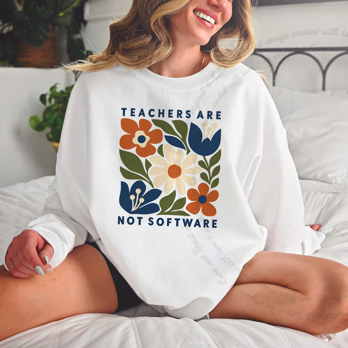 Teachers are not Software Cutout Care & Resist Gildan crewneck sweatshirt in White