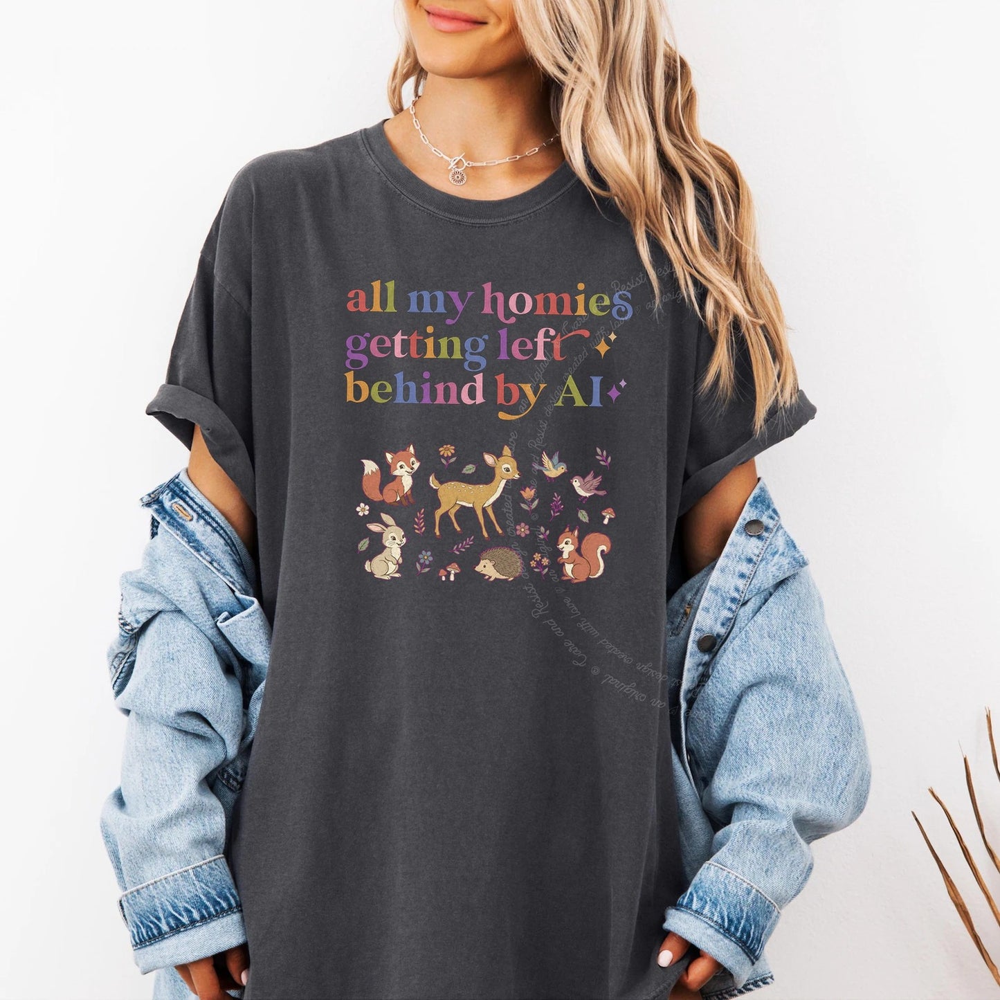 All My Homies Getting Left Behind By AI Care & Resist rainbow Comfort Colors tee, Graphite