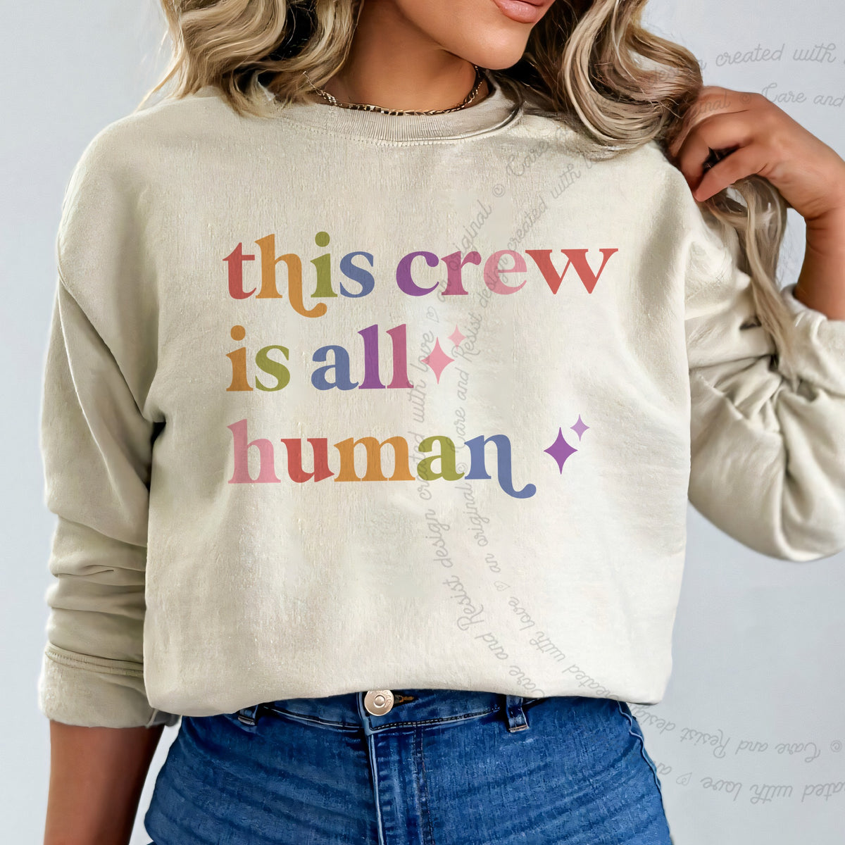 This Crew is All Human Care & Resist Gildan crewneck sweatshirt in Sand