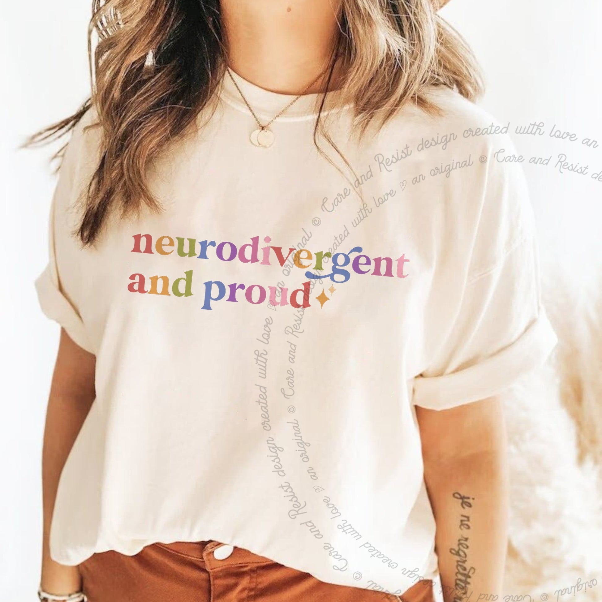 Neurodivergent and Proud Care & Resist rainbow Comfort Colors tee, Ivory