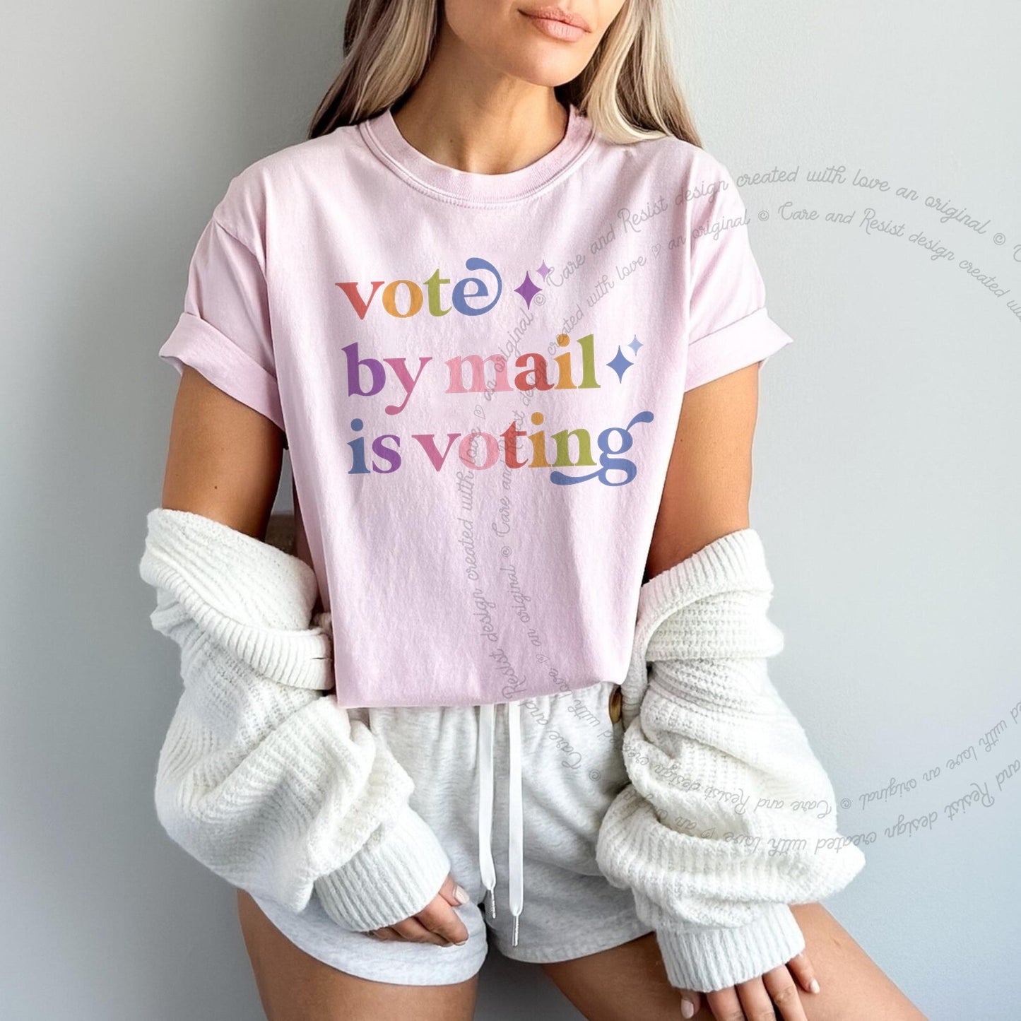 Vote By Mail is Voting Care & Resist rainbow Comfort Colors tee, Blossom