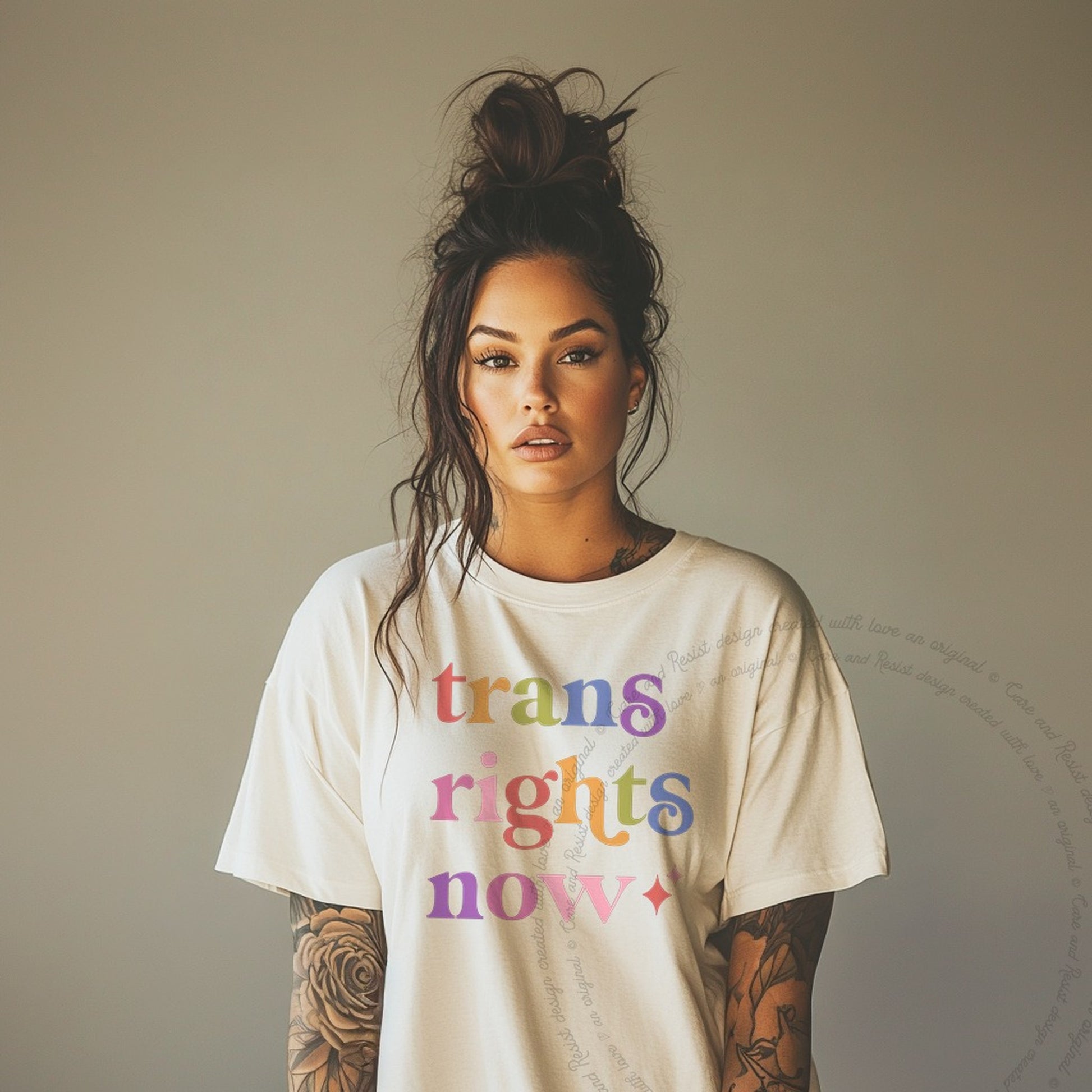 Trans Rights Now Care & Resist rainbow Comfort Colors tee, Ivory